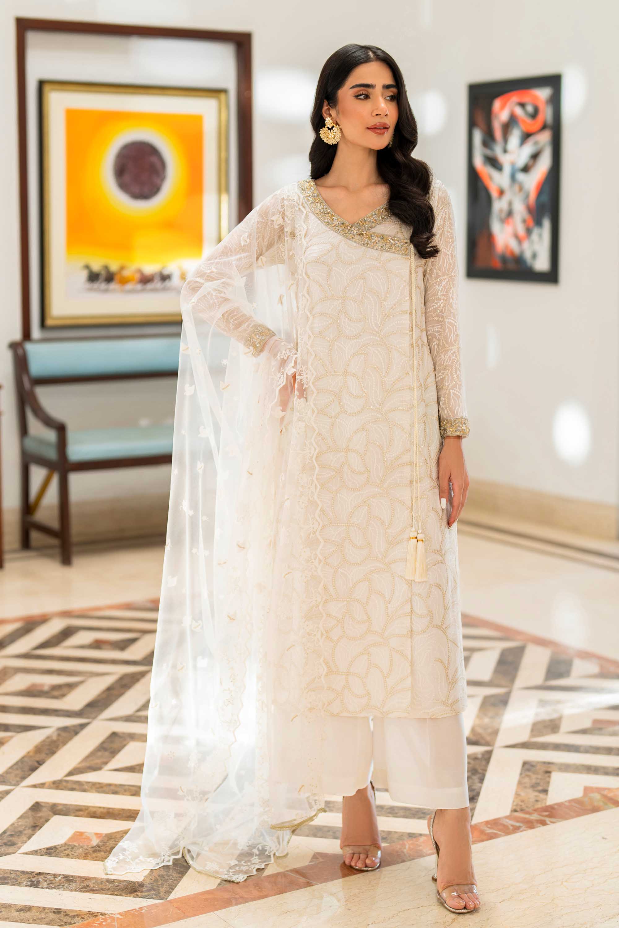 White & Gold Embroidered Chiffon Angrakha (3-Piece) - Image 7