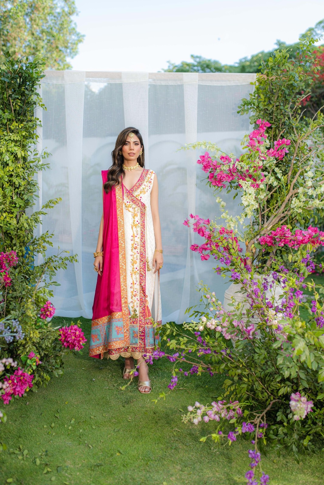 White Embroidered Chiffon Angrakha Dress (3-Piece) - Image 2