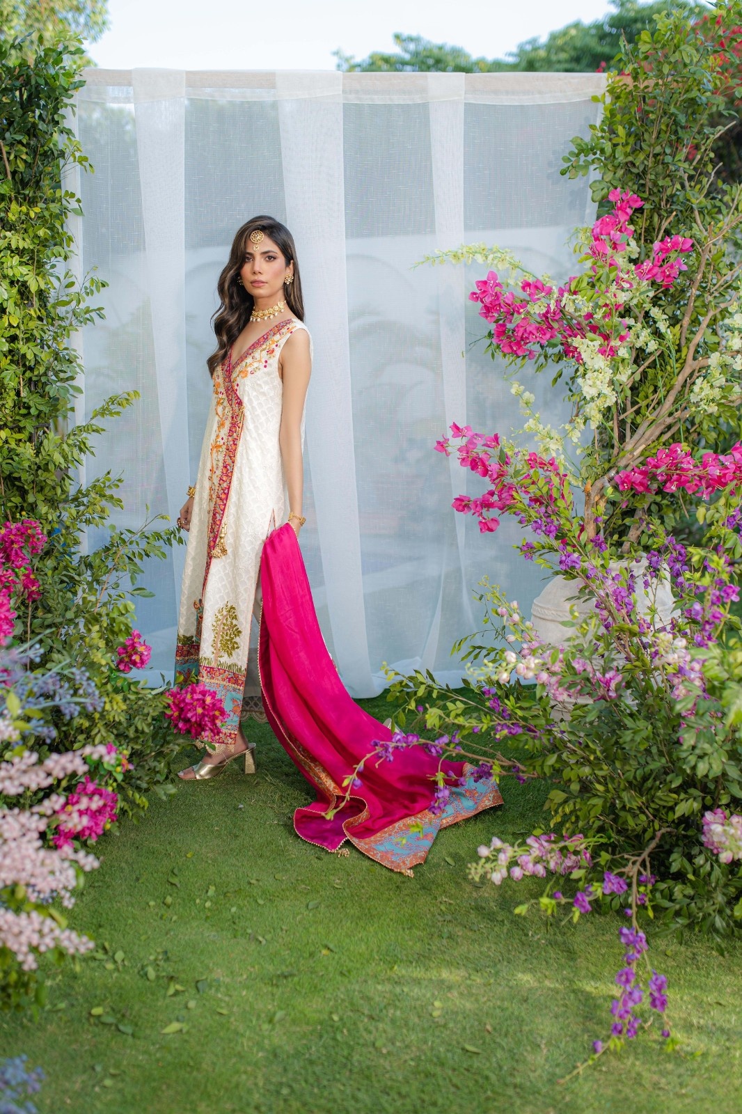 White Embroidered Chiffon Angrakha Dress (3-Piece) - Image 3