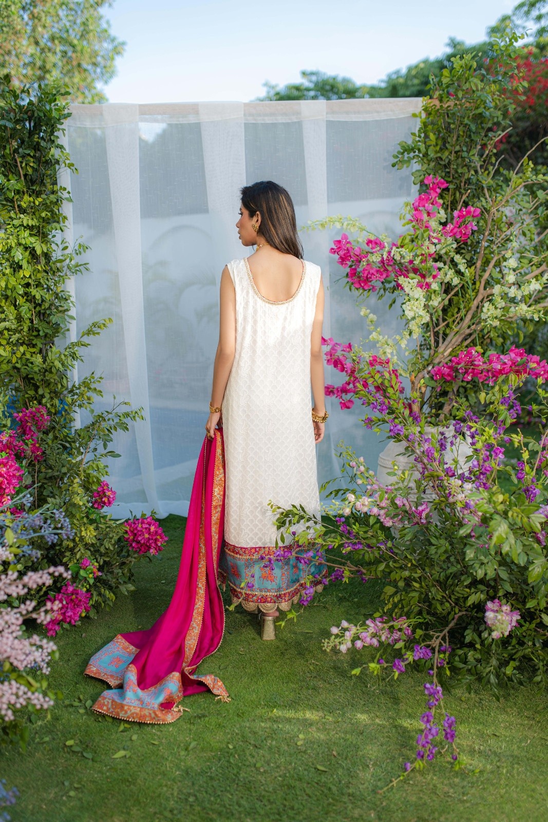 White Embroidered Chiffon Angrakha Dress (3-Piece) - Image 4