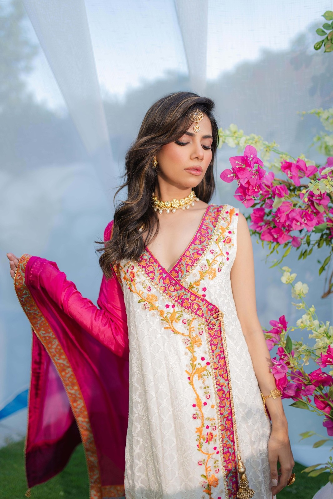 White Embroidered Chiffon Angrakha Dress (3-Piece) - Image 5