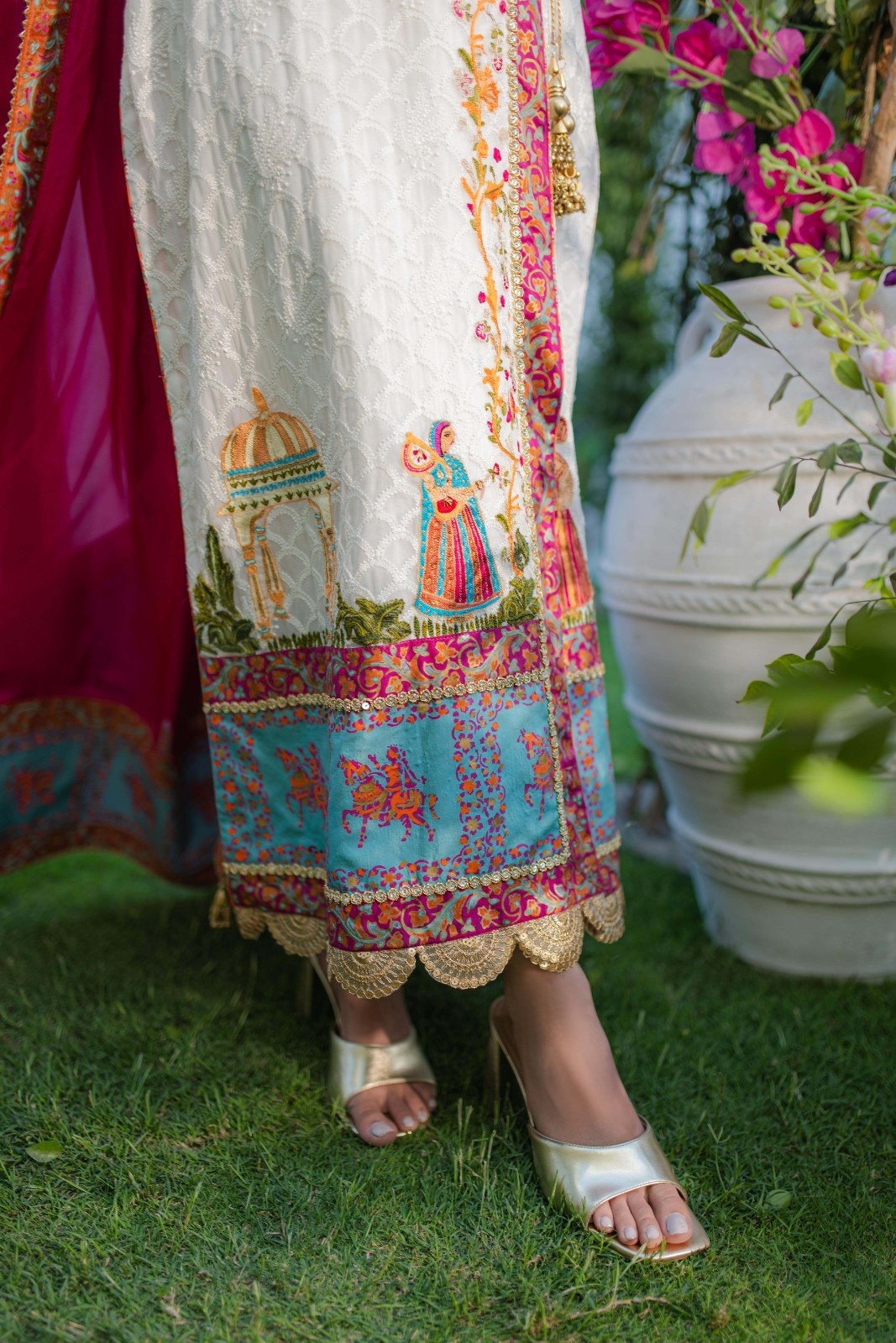 White Embroidered Chiffon Angrakha Dress (3-Piece) - Image 6