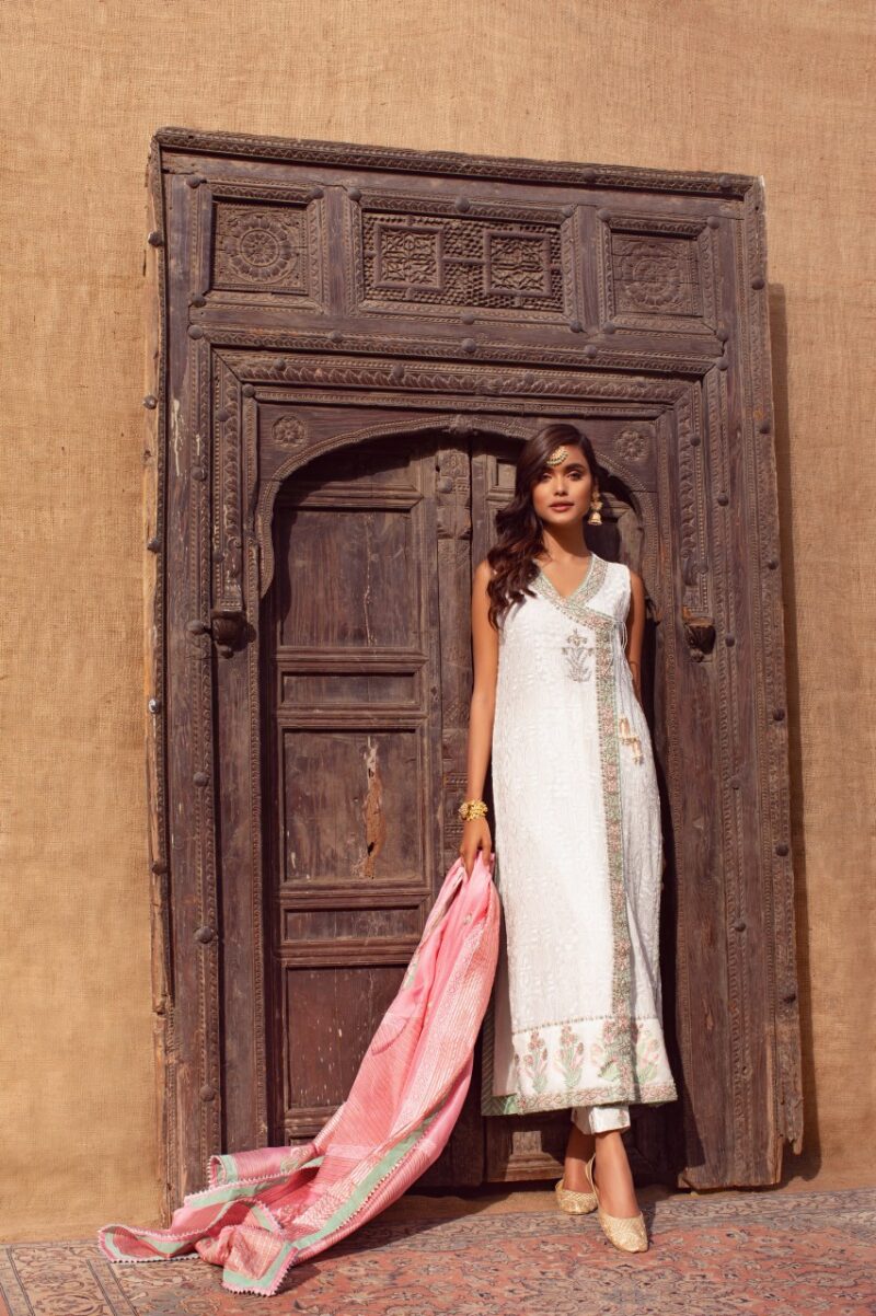 Pakistani White Embroidered Chiffon Angrakha Dress (3-Piece) - Image 1