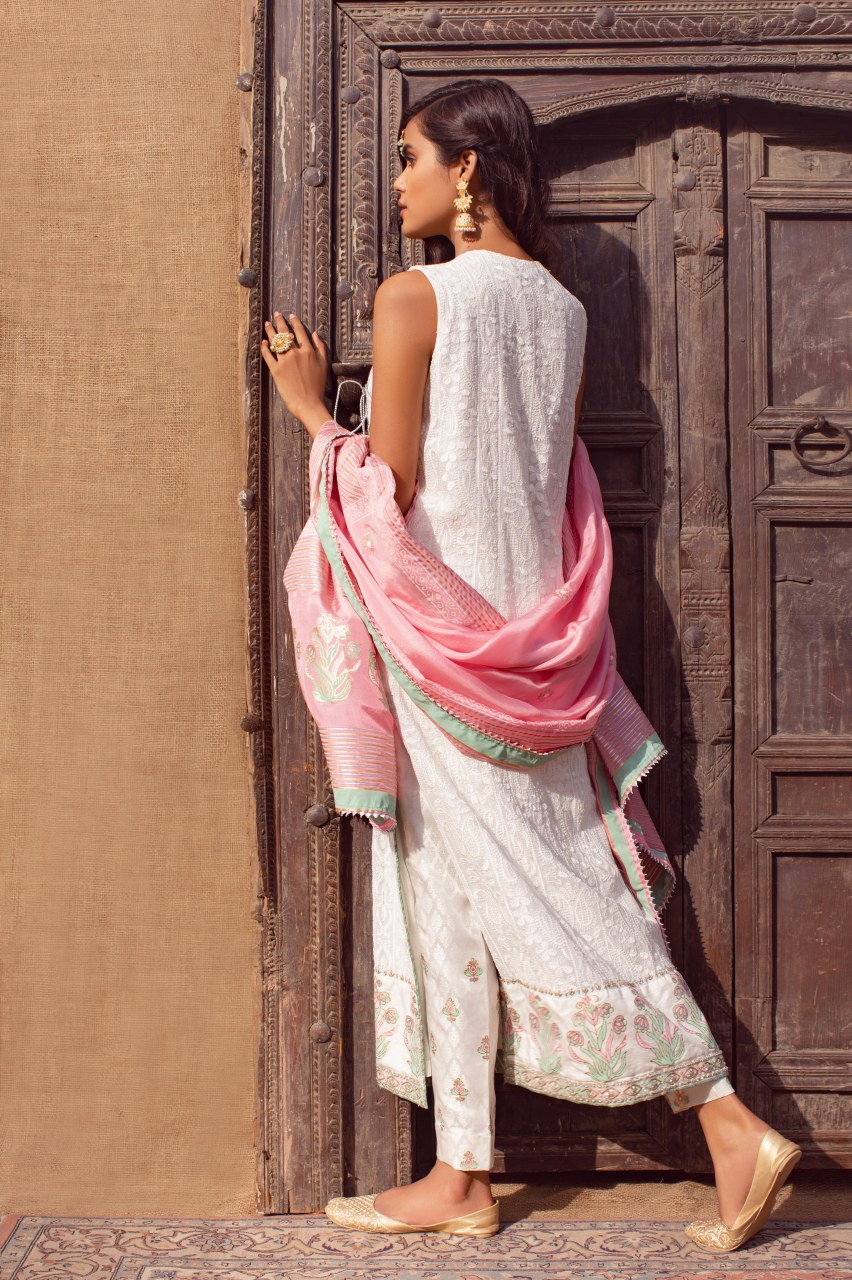 Pakistani White Embroidered Chiffon Angrakha Dress (3-Piece) - Image 3