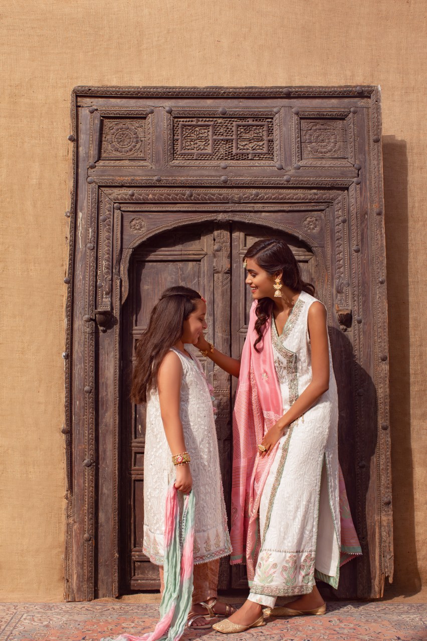 Pakistani White Embroidered Chiffon Angrakha Dress (3-Piece) - Image 4