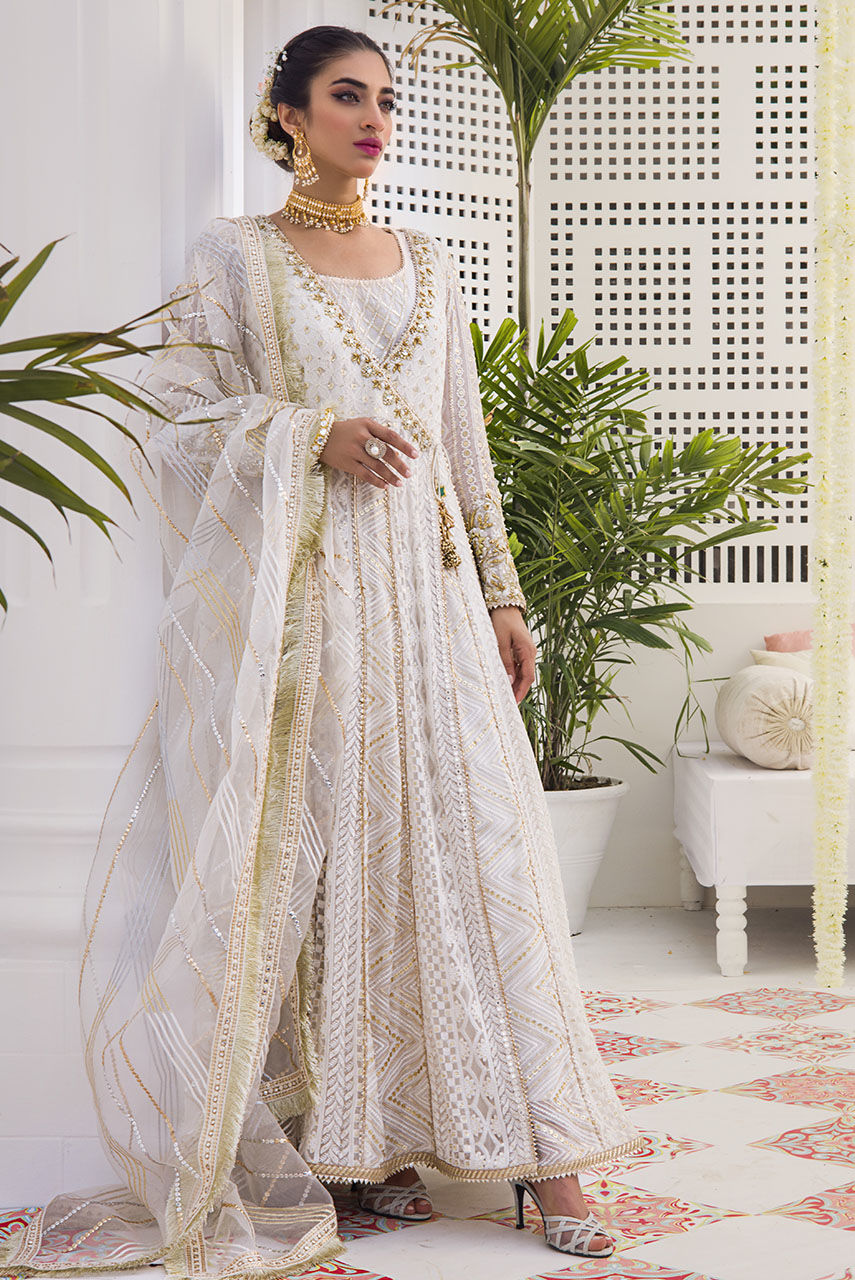 Pakistani White Copper Sequin Chiffon Angharkha (3-Piece) - Image 1