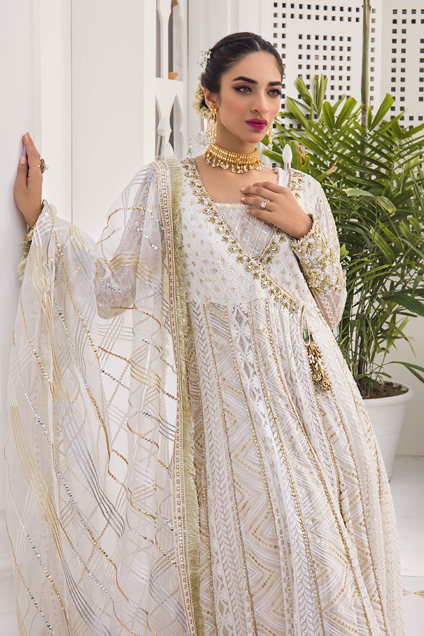 Pakistani White Copper Sequin Chiffon Angharkha (3-Piece) - Image 2