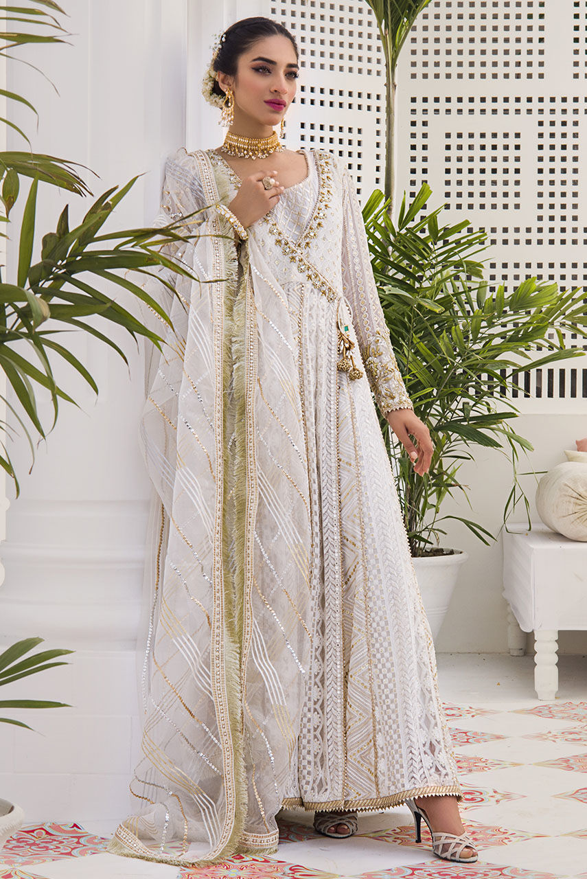 Pakistani White Copper Sequin Chiffon Angharkha (3-Piece) - Image 3