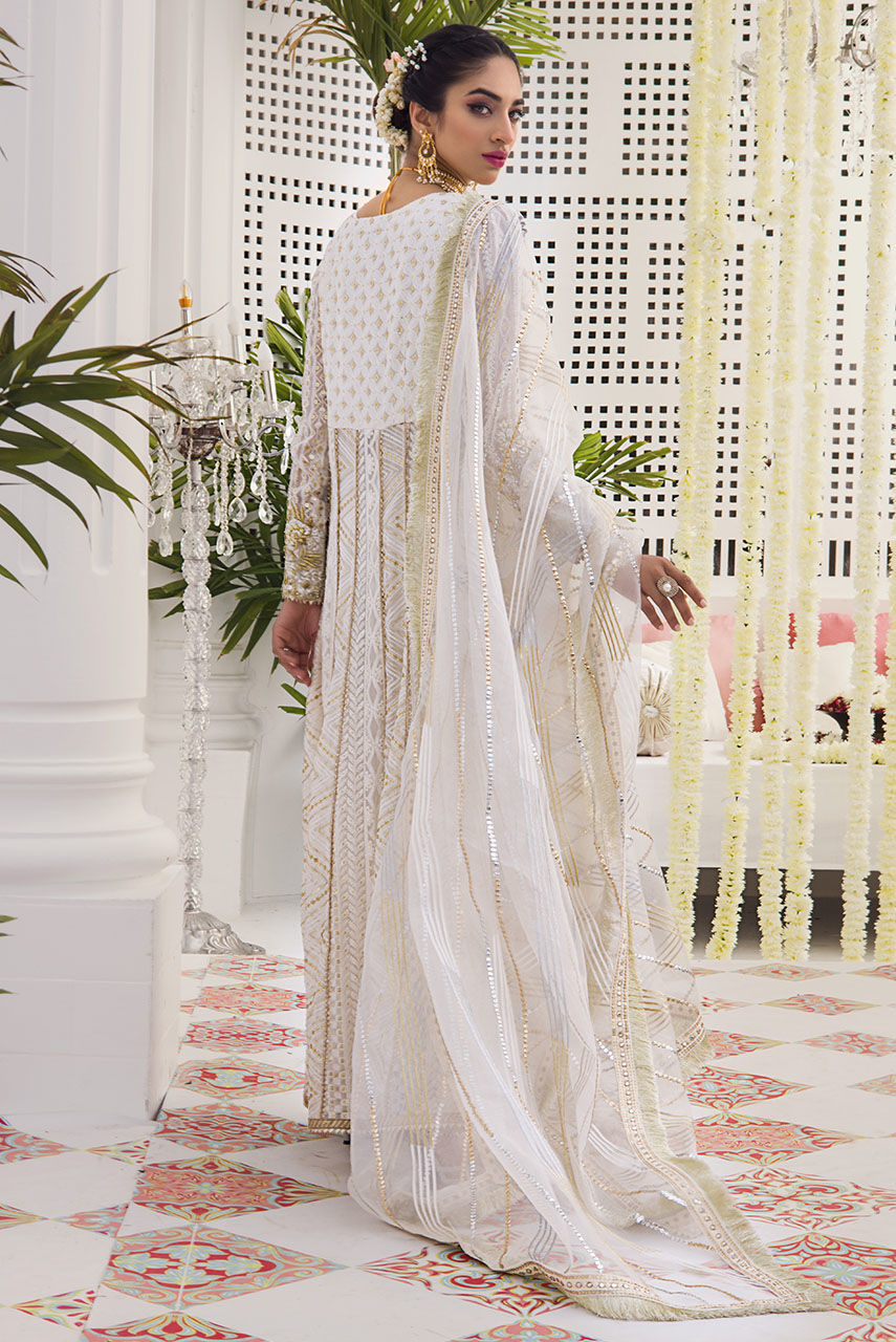 Pakistani White Copper Sequin Chiffon Angharkha (3-Piece) - Image 4