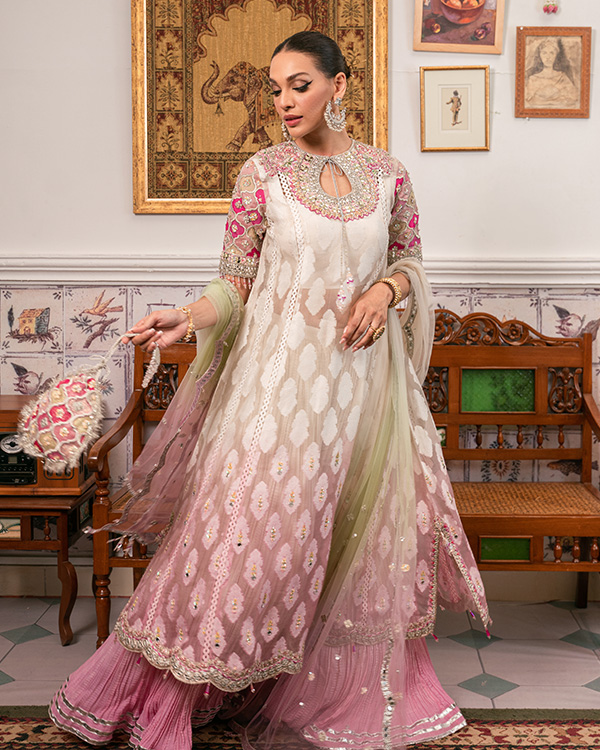 White & Pink Mirror Work Cotton Organza Angrakha (3-Piece) - Image 1