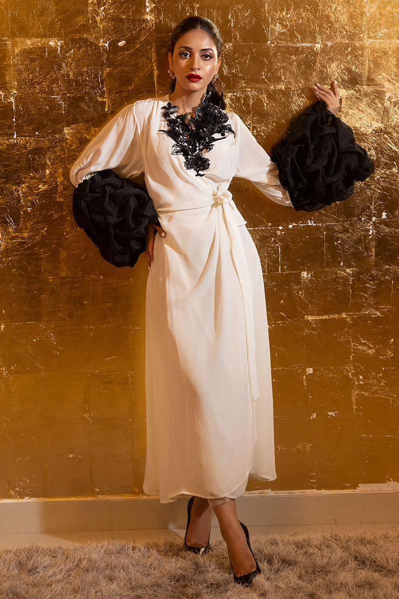 White Hand-Embellished Grip Wrap Dress (1-Pc) - Image 1