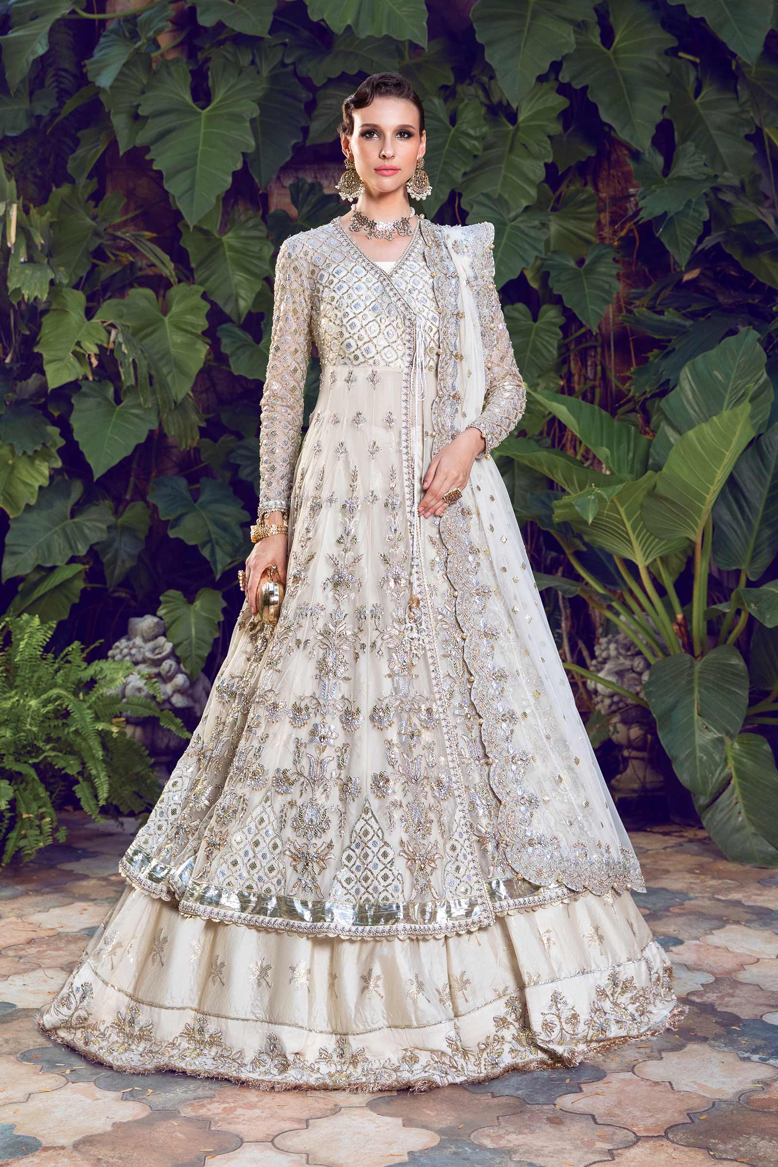 Pearl White Embellished Net & Jamawar Angrakha Lehenga (3-Piece) - Image 1