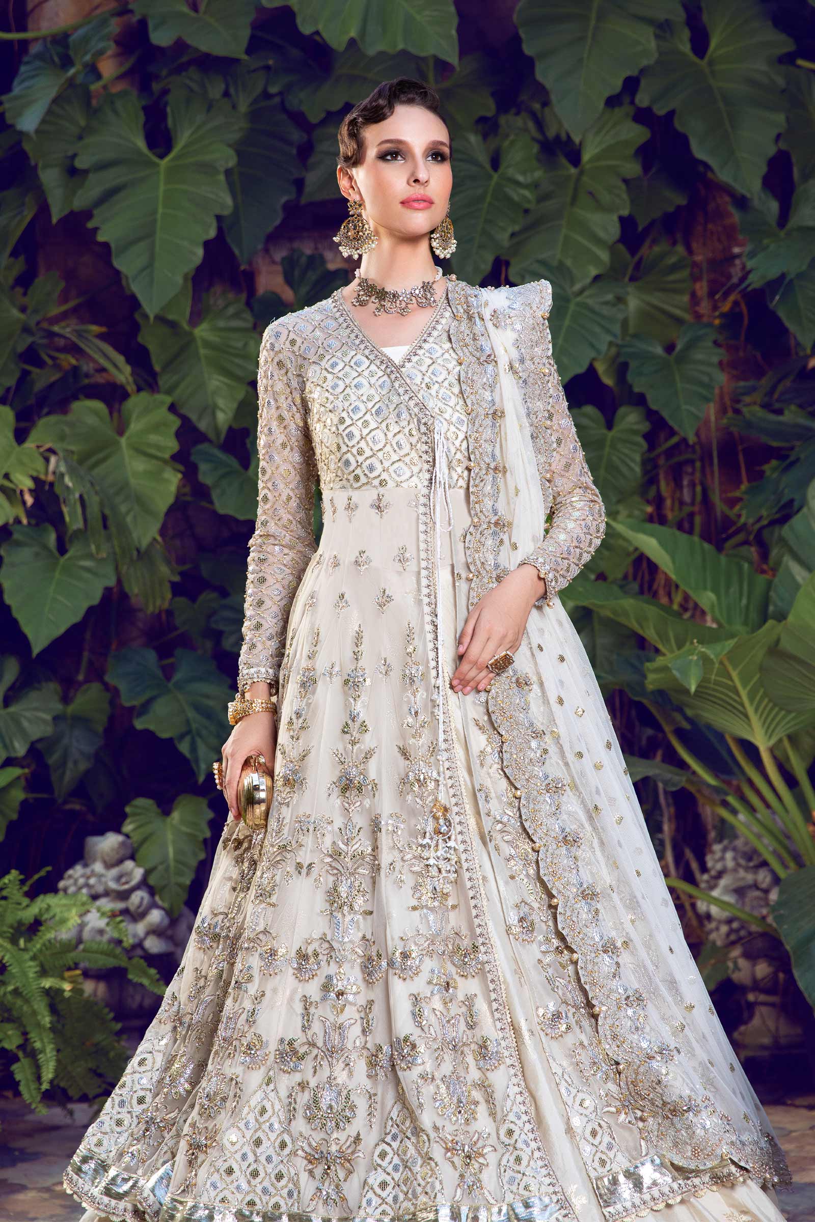 Pearl White Embellished Net & Jamawar Angrakha Lehenga (3-Piece) - Image 2