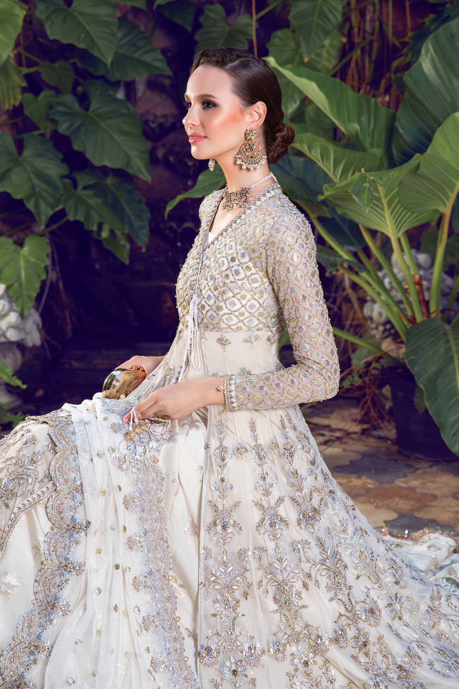 Pearl White Embellished Net & Jamawar Angrakha Lehenga (3-Piece) - Image 3
