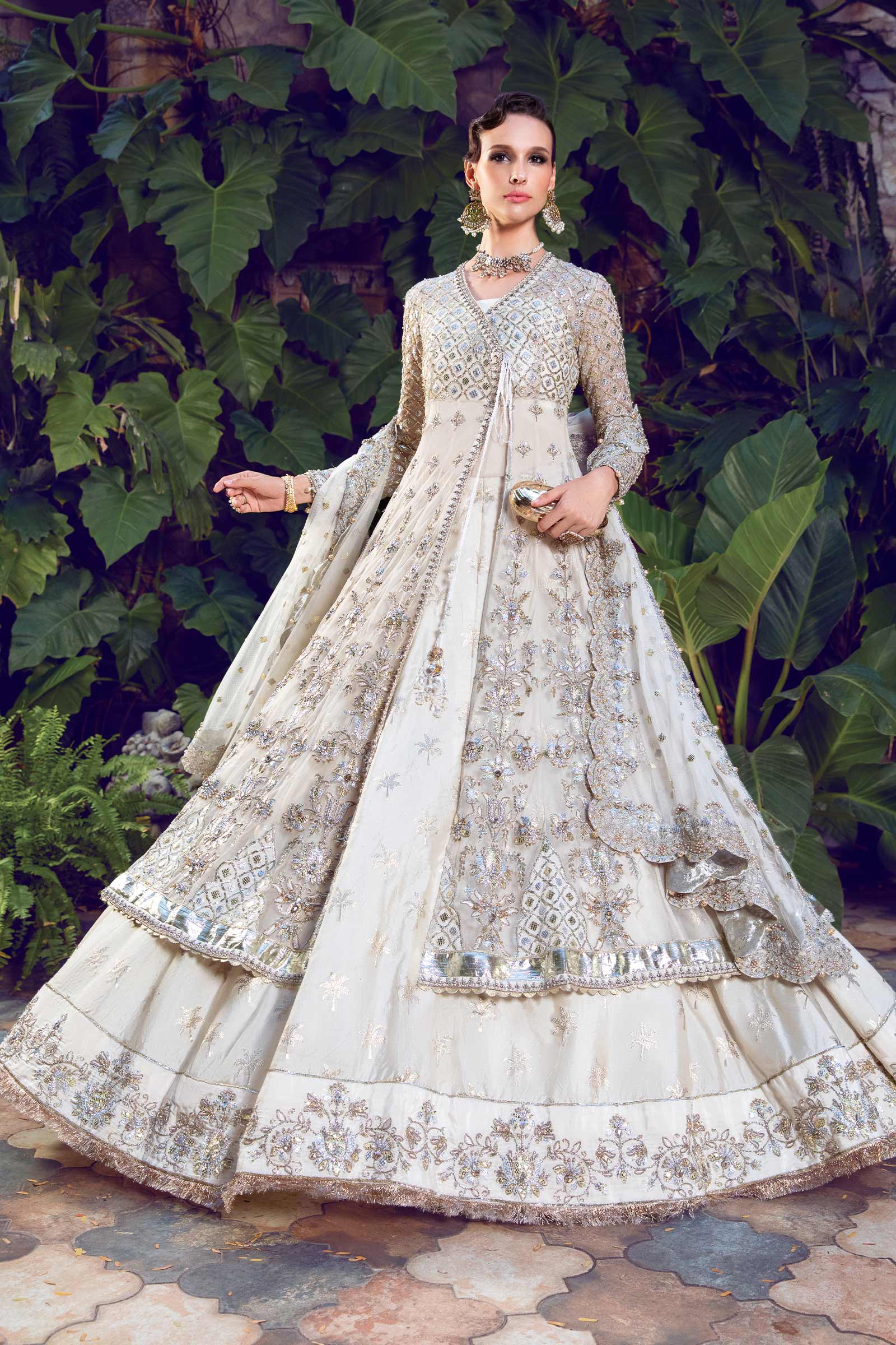 Pearl White Embellished Net & Jamawar Angrakha Lehenga (3-Piece) - Image 4