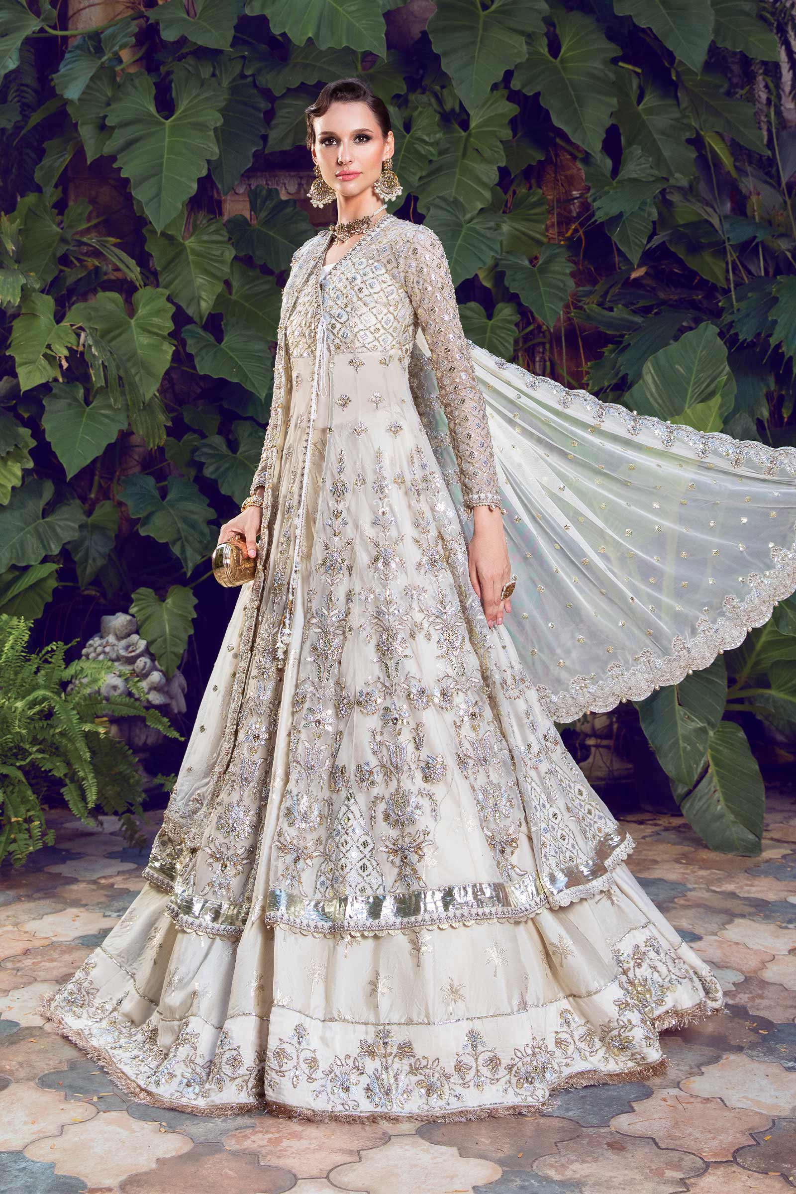 Pearl White Embellished Net & Jamawar Angrakha Lehenga (3-Piece) - Image 5