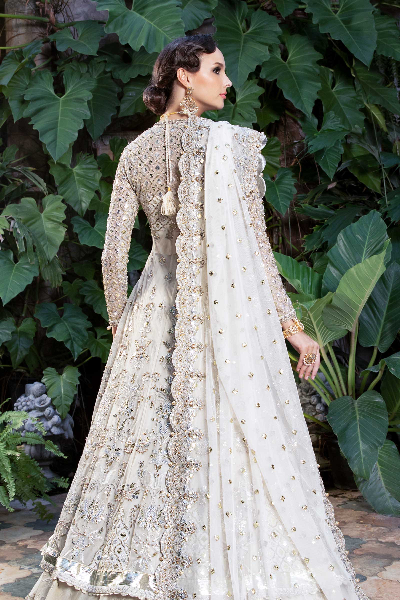 Pearl White Embellished Net & Jamawar Angrakha Lehenga (3-Piece) - Image 6