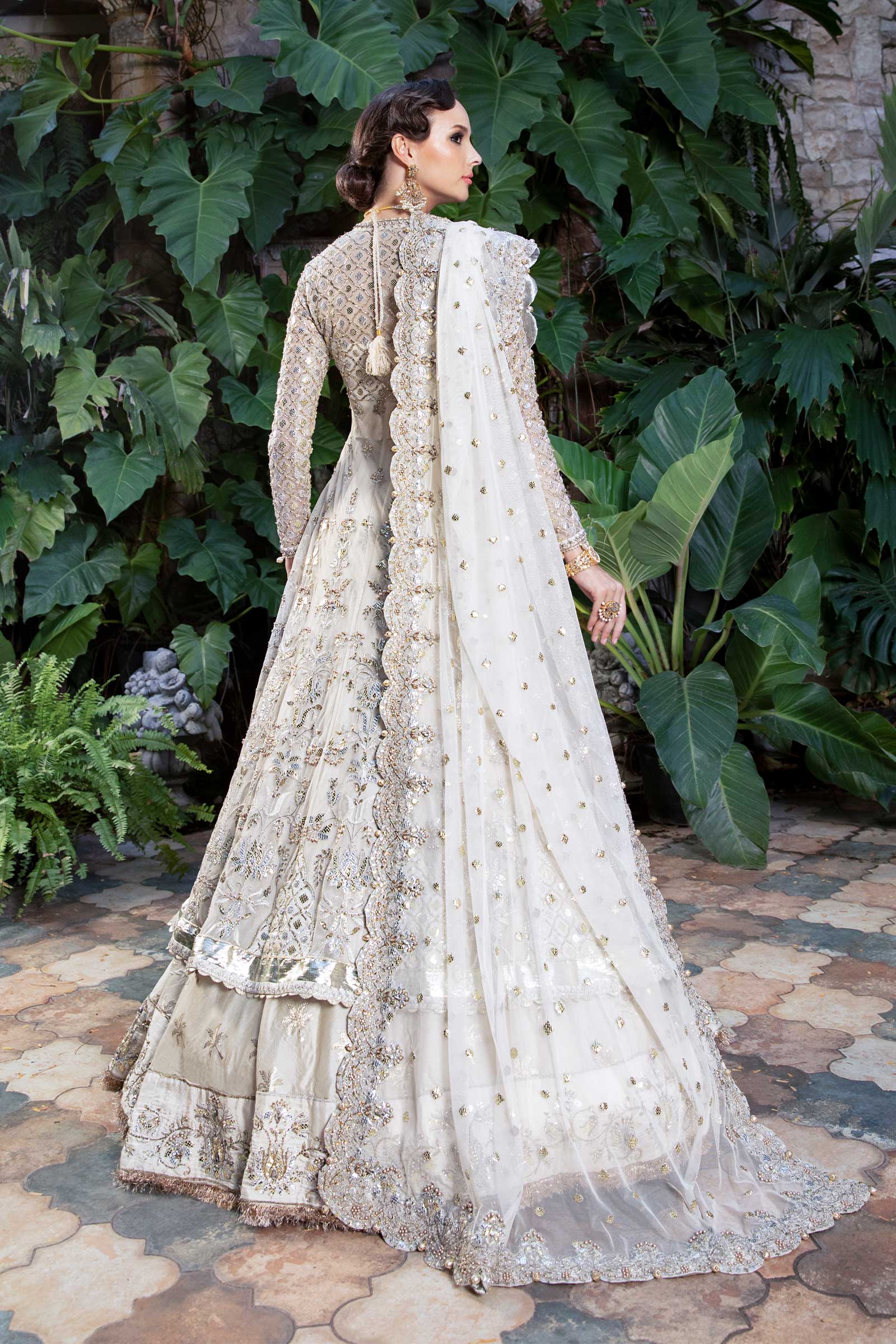 Pearl White Embellished Net & Jamawar Angrakha Lehenga (3-Piece) - Image 7