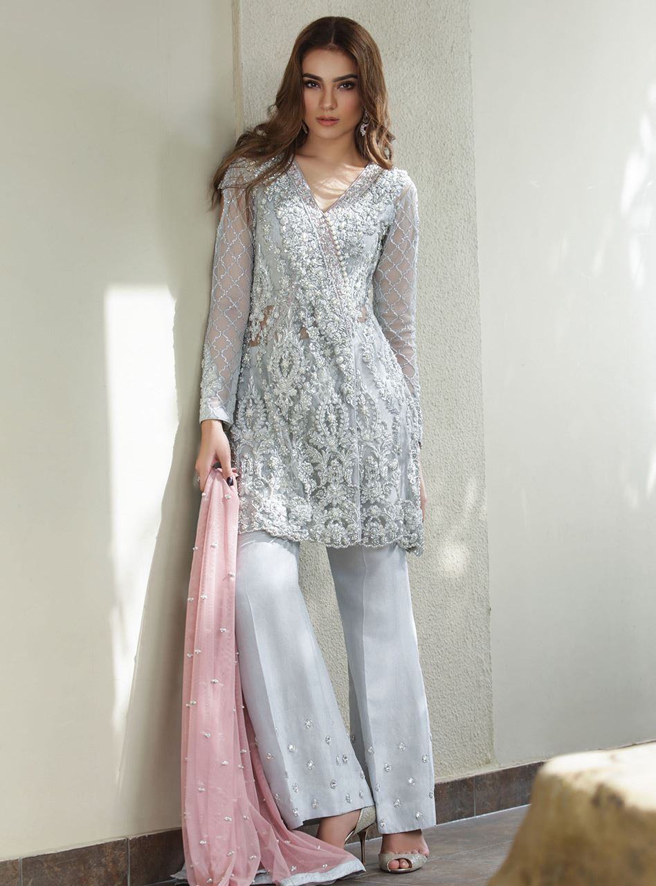 Ash White Embroidered Net Angarkha Dress (3-Piece) - Image 1