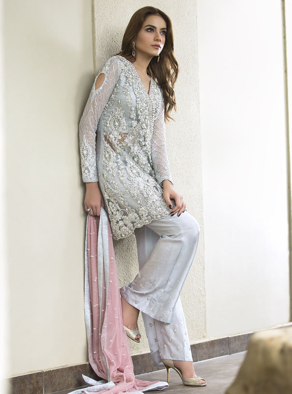 Ash White Embroidered Net Angarkha Dress (3-Piece) - Image 4