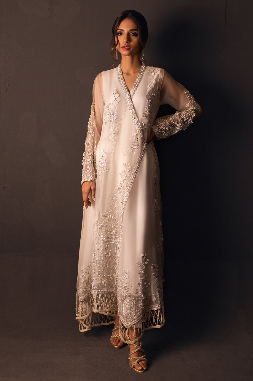 White 3D Handworked Organza Angrakha (3-Piece) - Image 1