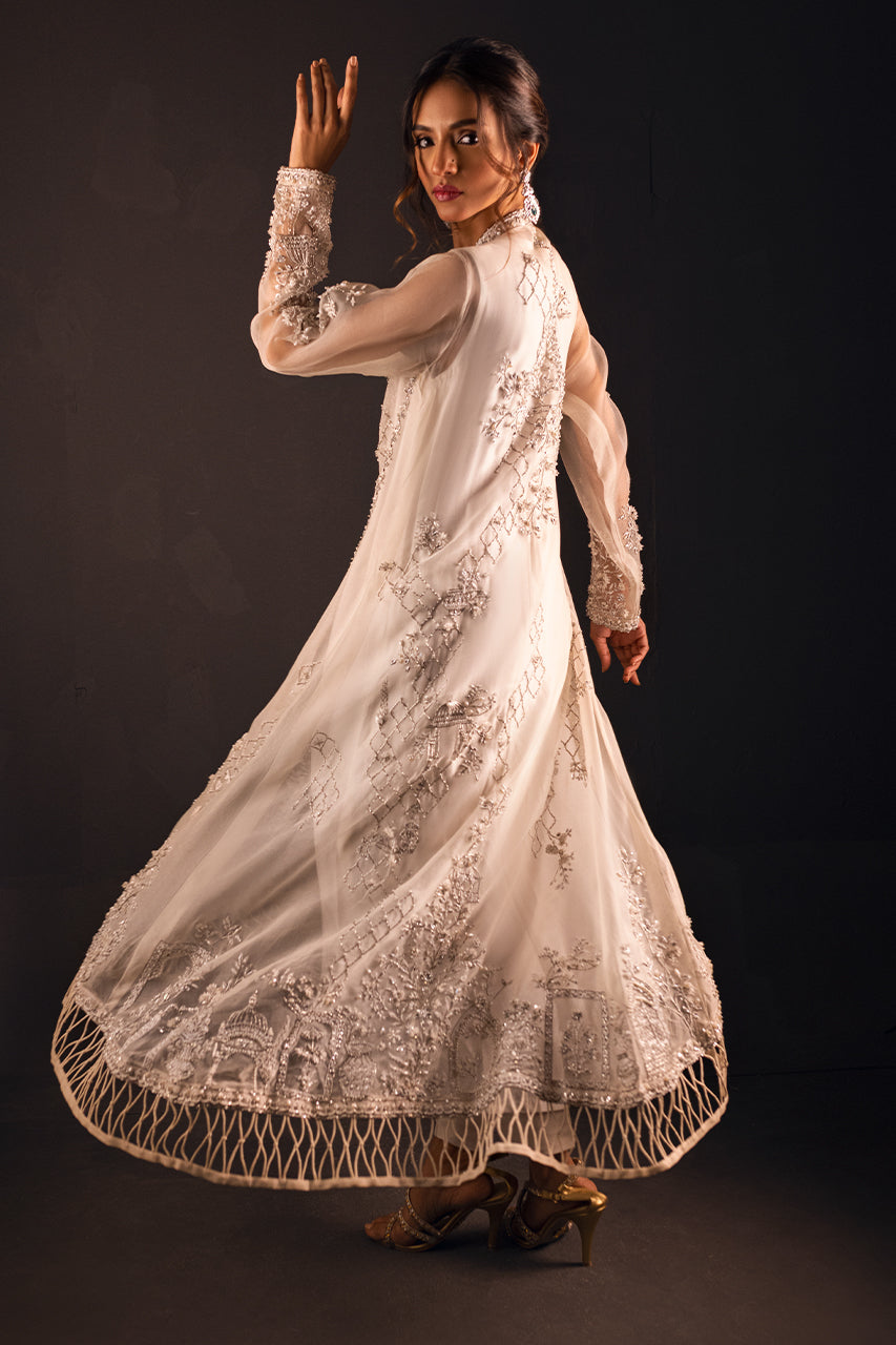 White 3D Handworked Organza Angrakha (3-Piece) - Image 3