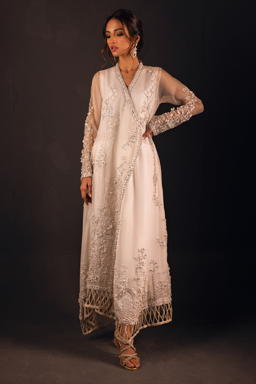 White 3D Handworked Organza Angrakha (3-Piece) - Image 7