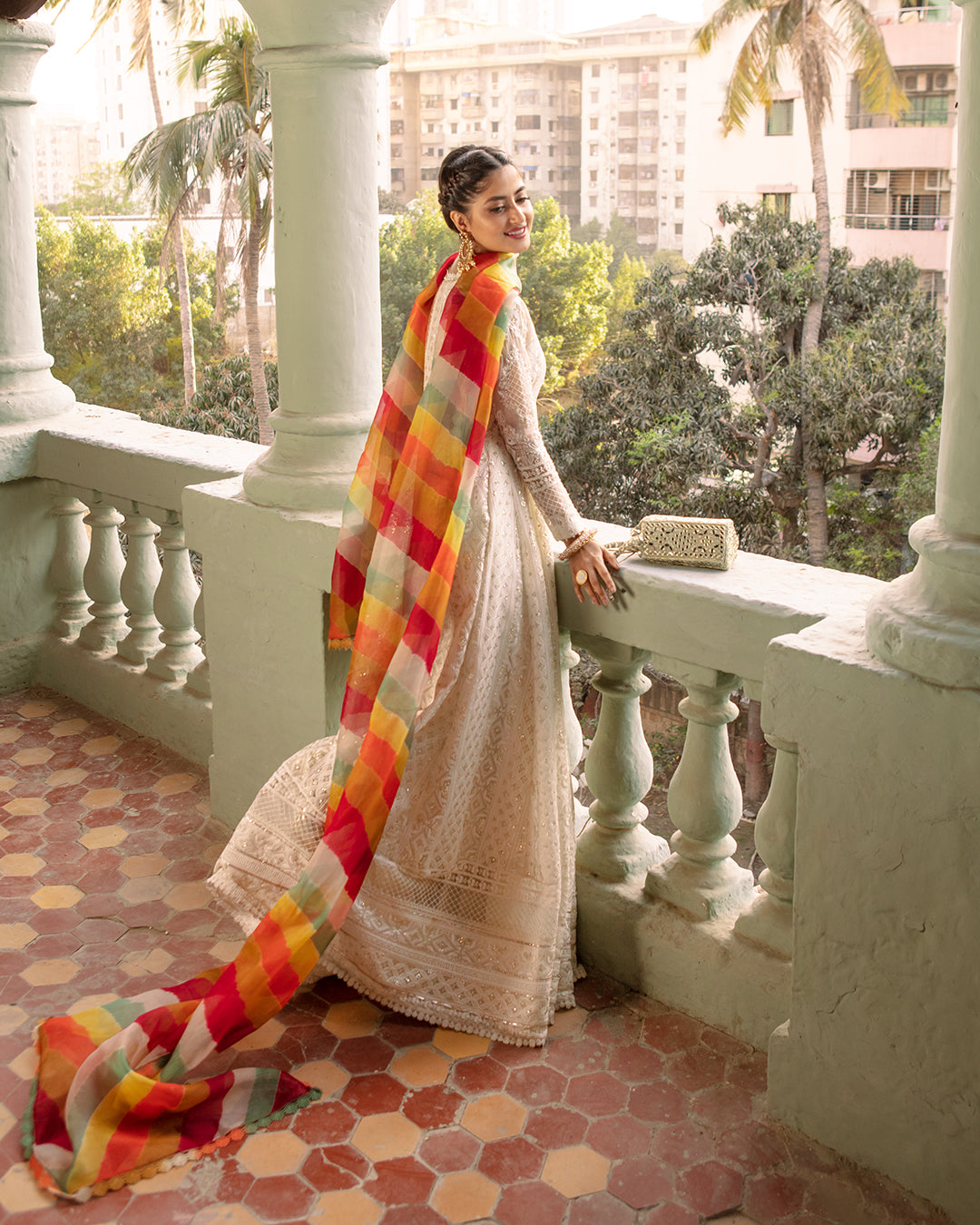 White Chikankari Organza Kalidaar Angrakha (3-Piece) - Image 3