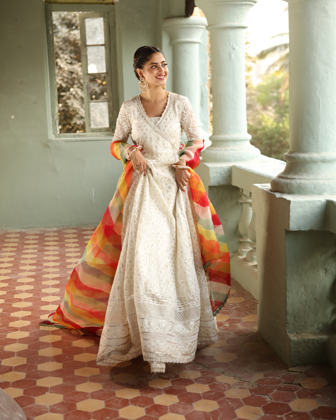 White Chikankari Organza Kalidaar Angrakha (3-Piece) - Image 4