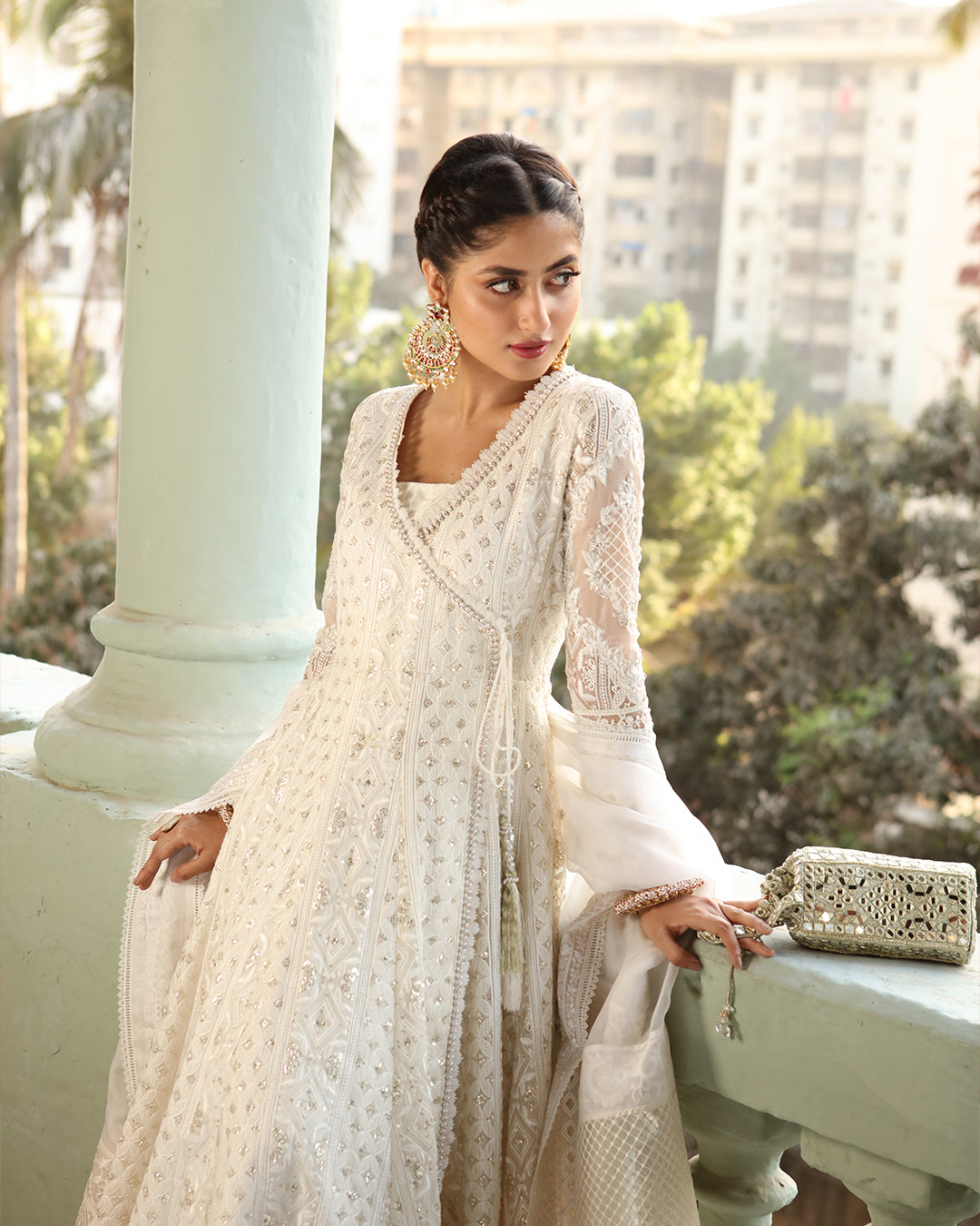 White Chikankari Organza Kalidaar Angrakha (3-Piece) - Image 5