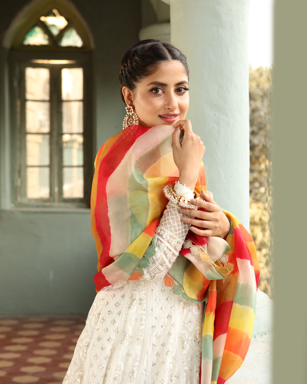 White Chikankari Organza Kalidaar Angrakha (3-Piece) - Image 7