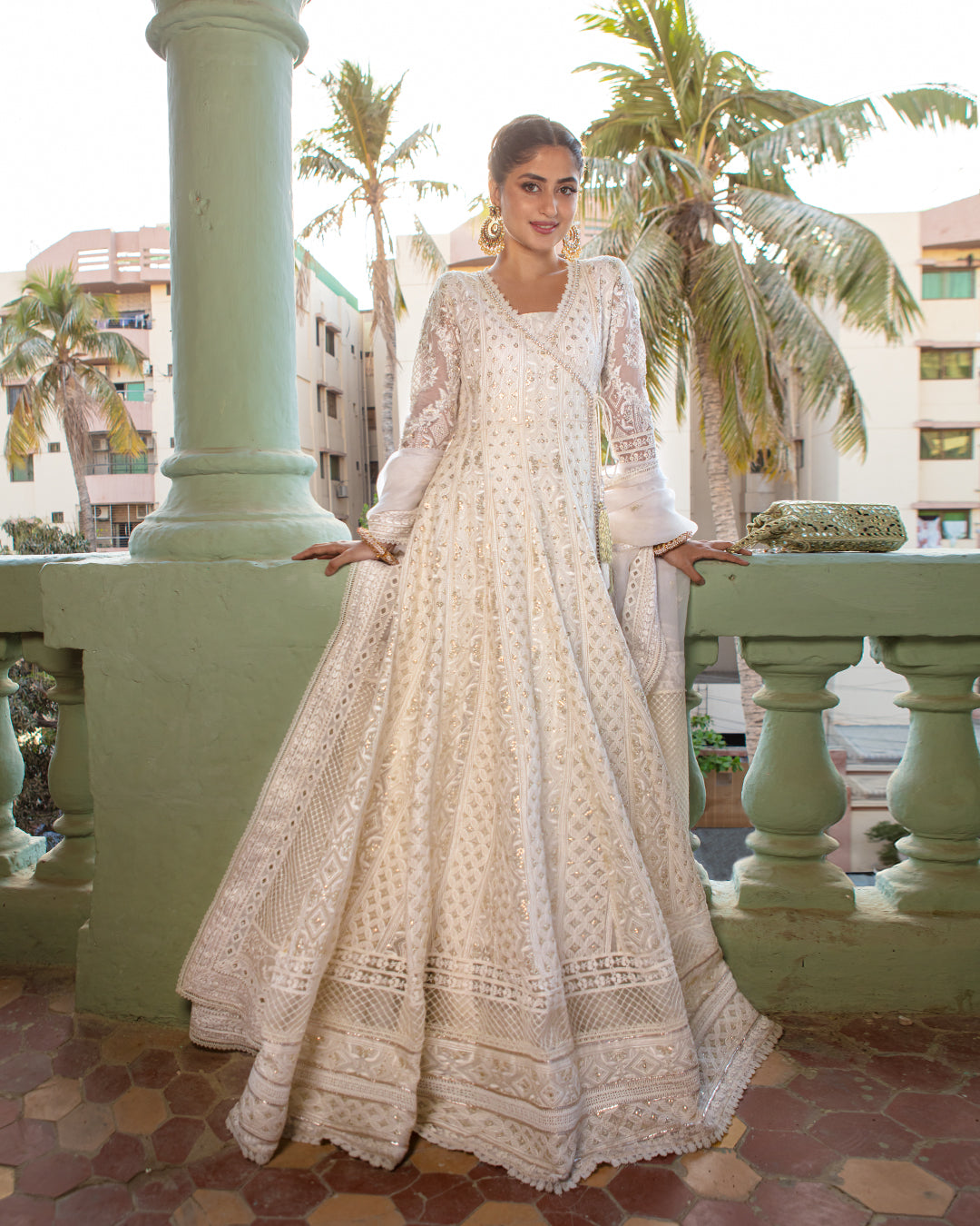 White Chikankari Organza Kalidaar Angrakha (3-Piece) - Image 1