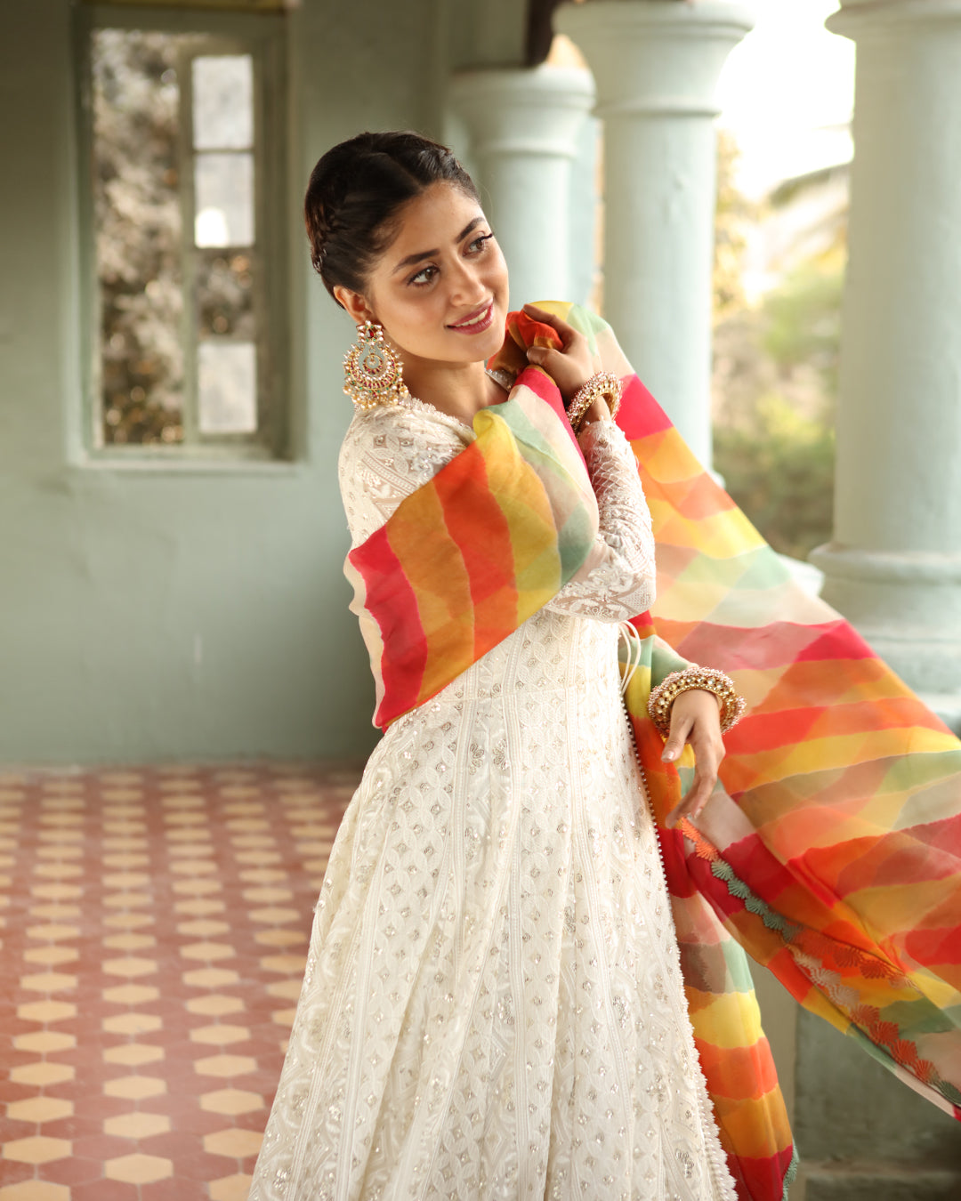 White Chikankari Organza Kalidaar Angrakha (3-Piece) - Image 6