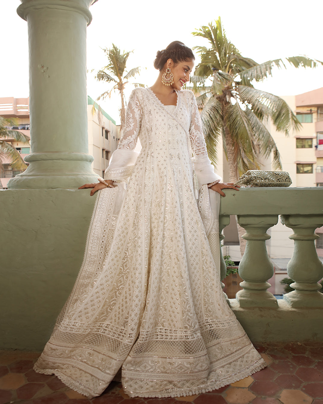 White Chikankari Organza Kalidaar Angrakha (3-Piece) - Image 8