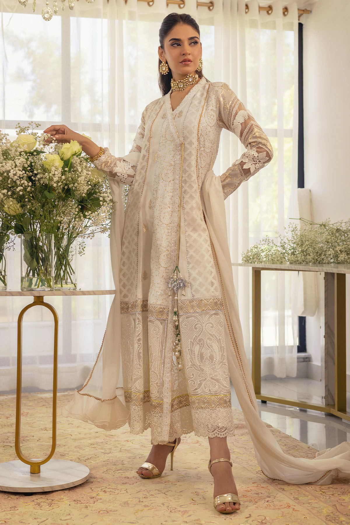 Pakistani Dove White Embroidered Organza Angrakha (3-Piece) - Image 1