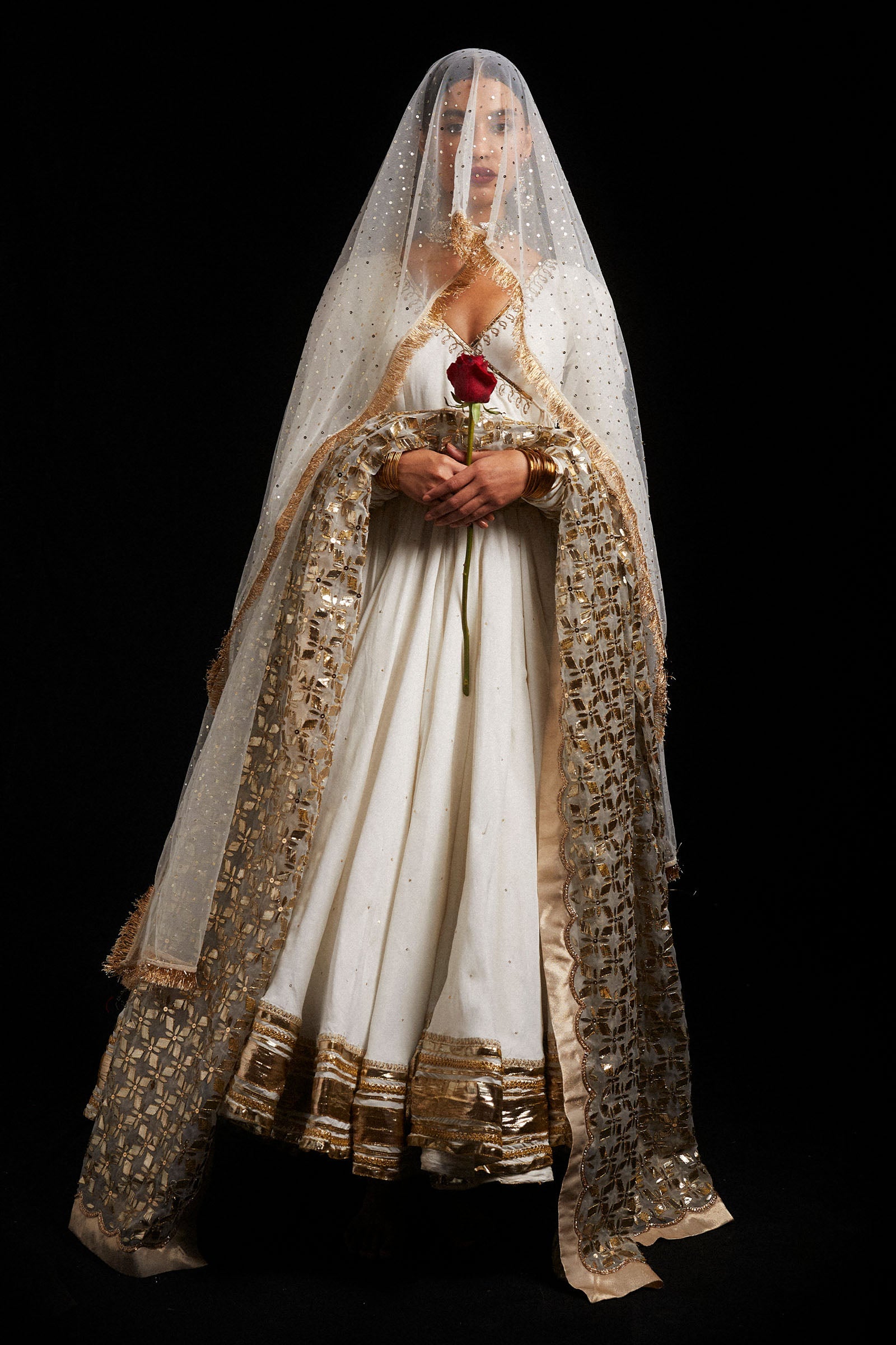White Gota Embroidered Organza & Korean Silk Angrakha (3-Piece) - Image 1