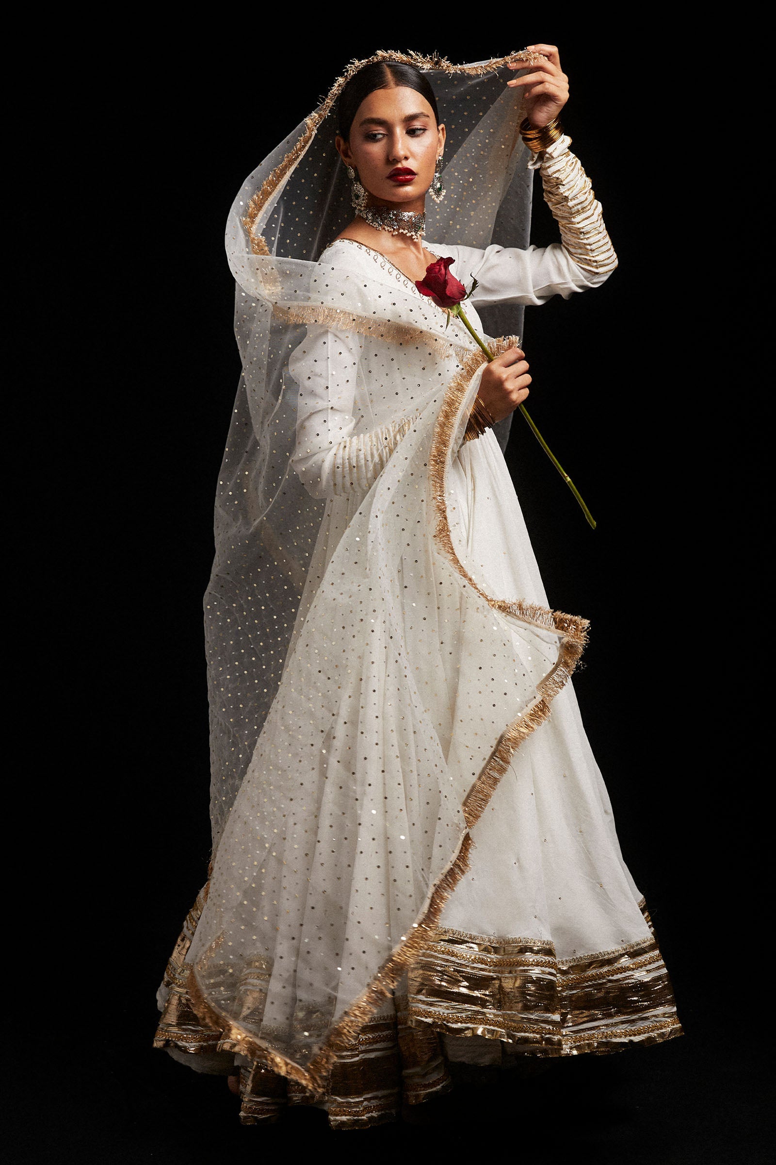 White Gota Embroidered Organza & Korean Silk Angrakha (3-Piece) - Image 2