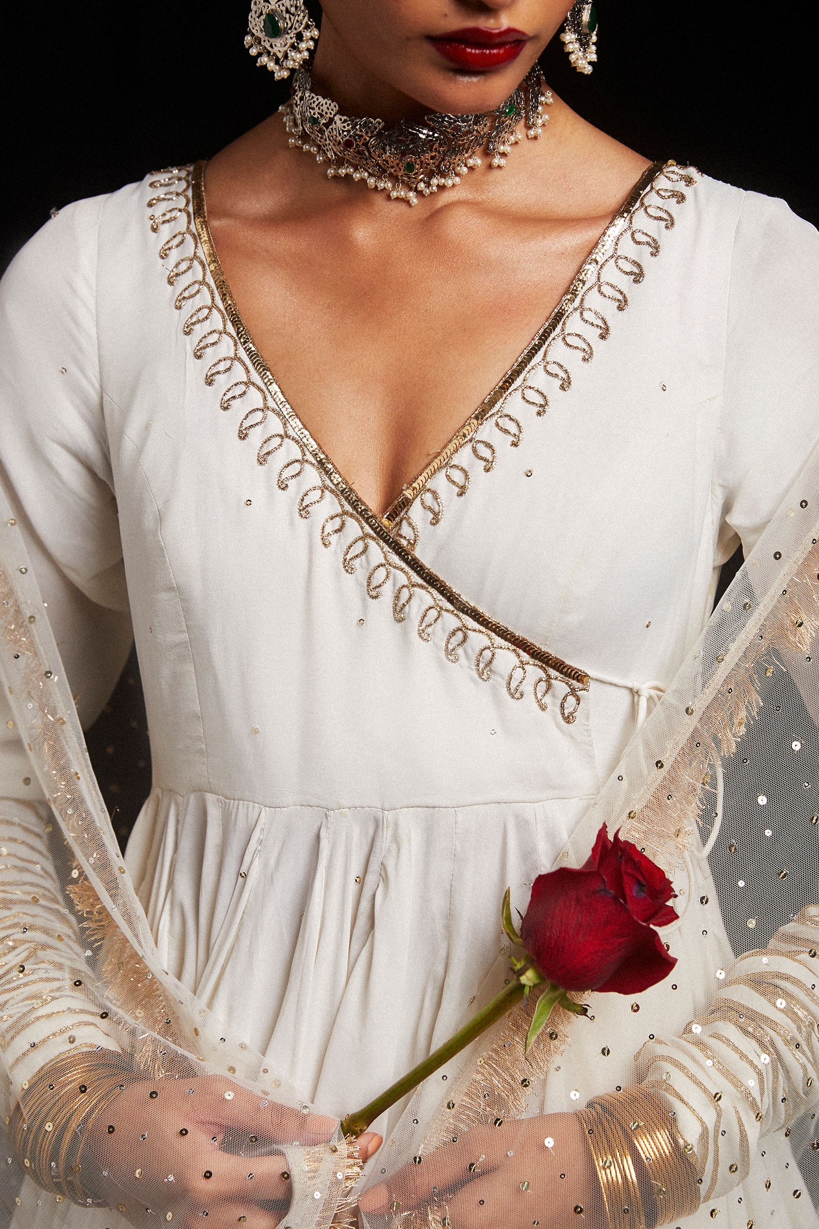 White Gota Embroidered Organza & Korean Silk Angrakha (3-Piece) - Image 3