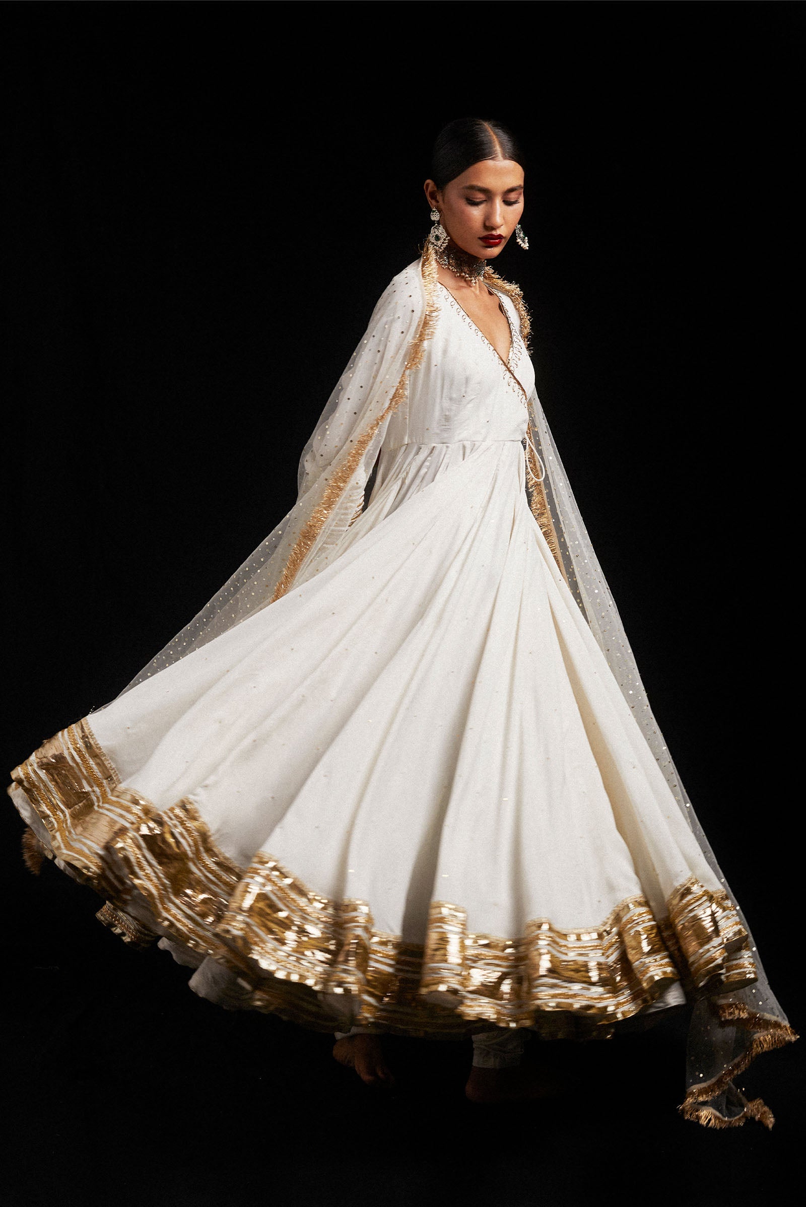 White Gota Embroidered Organza & Korean Silk Angrakha (3-Piece) - Image 5