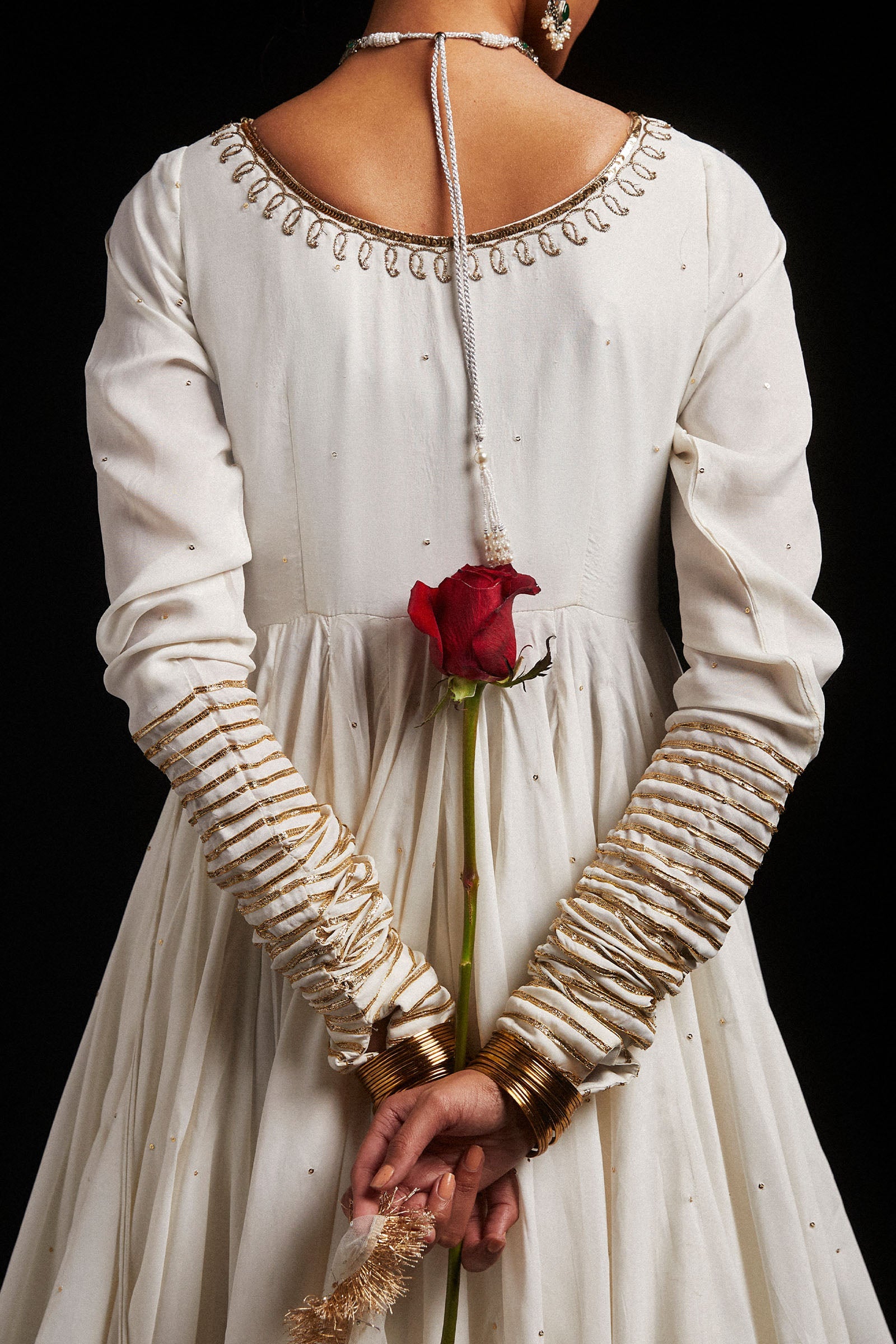 White Gota Embroidered Organza & Korean Silk Angrakha (3-Piece) - Image 6