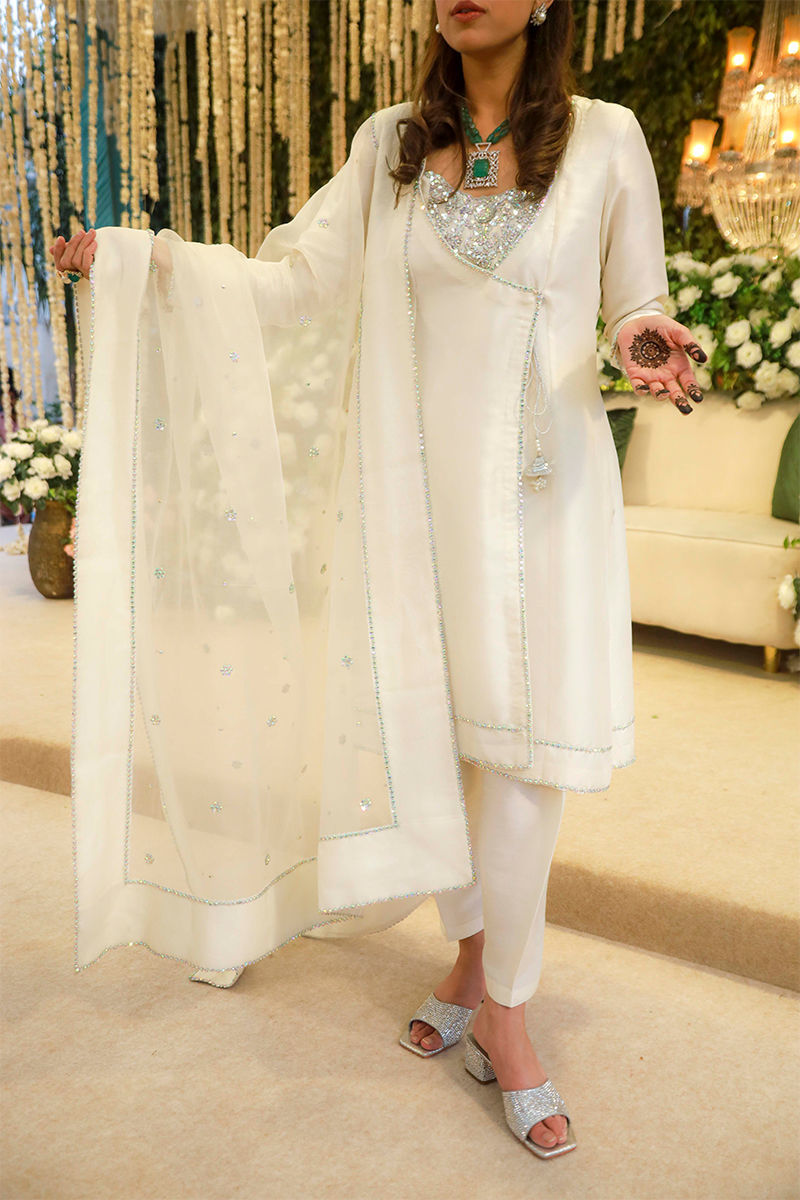 Whisper White Embroidered Raw Silk Angrakha (3-Piece) - Image 1