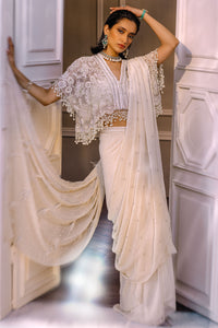 Pakistani Pearly White Embellished Georgette & Silk Cape Dress (3-Piece) - Image 1