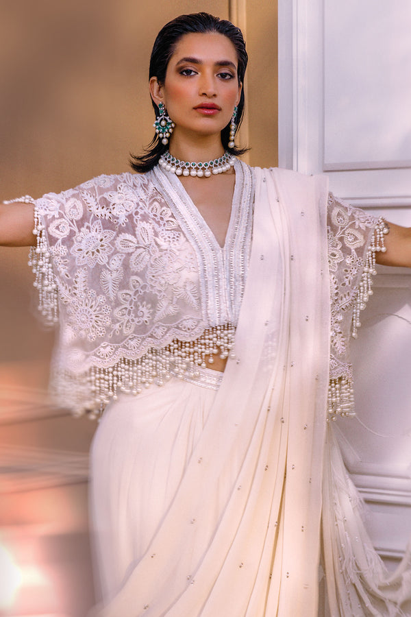 Pakistani Pearly White Embellished Georgette & Silk Cape Dress (3-Piece) - Image 3