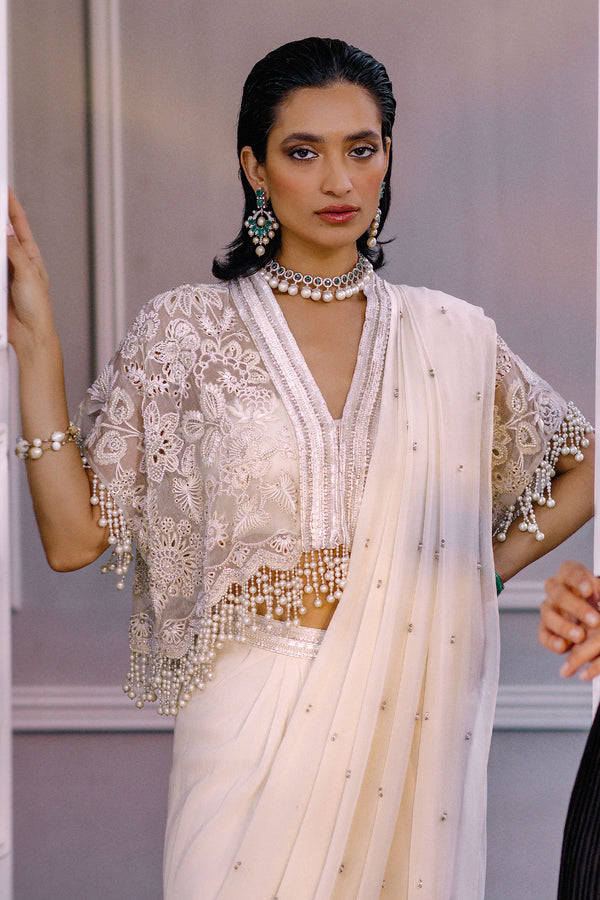 Pakistani Pearly White Embellished Georgette & Silk Cape Dress (3-Piece) - Image 5