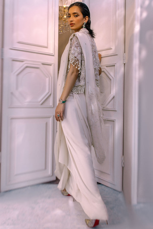 Pakistani Pearly White Embellished Georgette & Silk Cape Dress (3-Piece) - Image 6