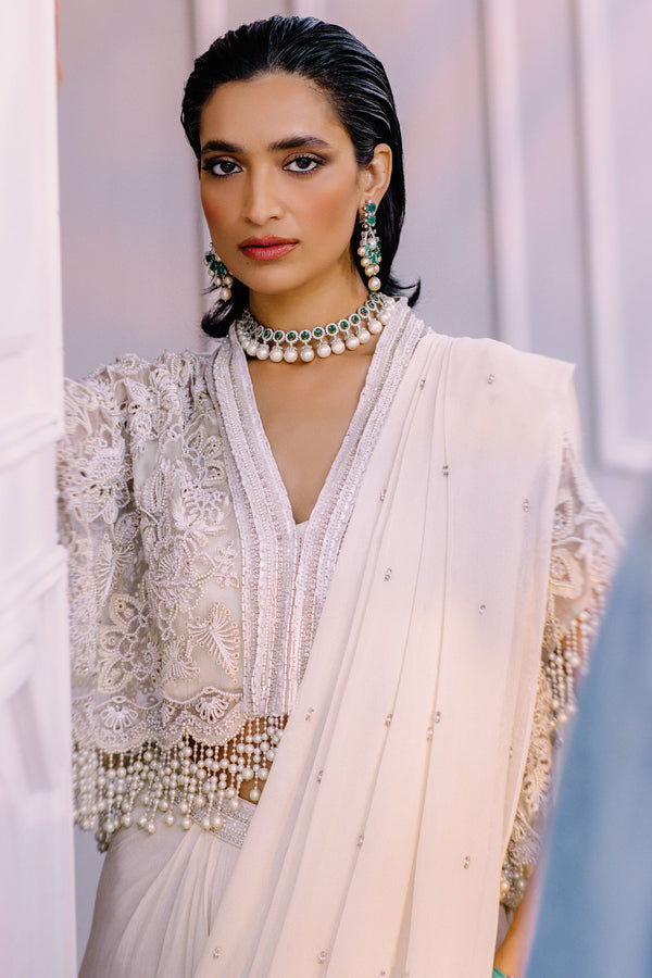 Pakistani Pearly White Embellished Georgette & Silk Cape Dress (3-Piece) - Image 7