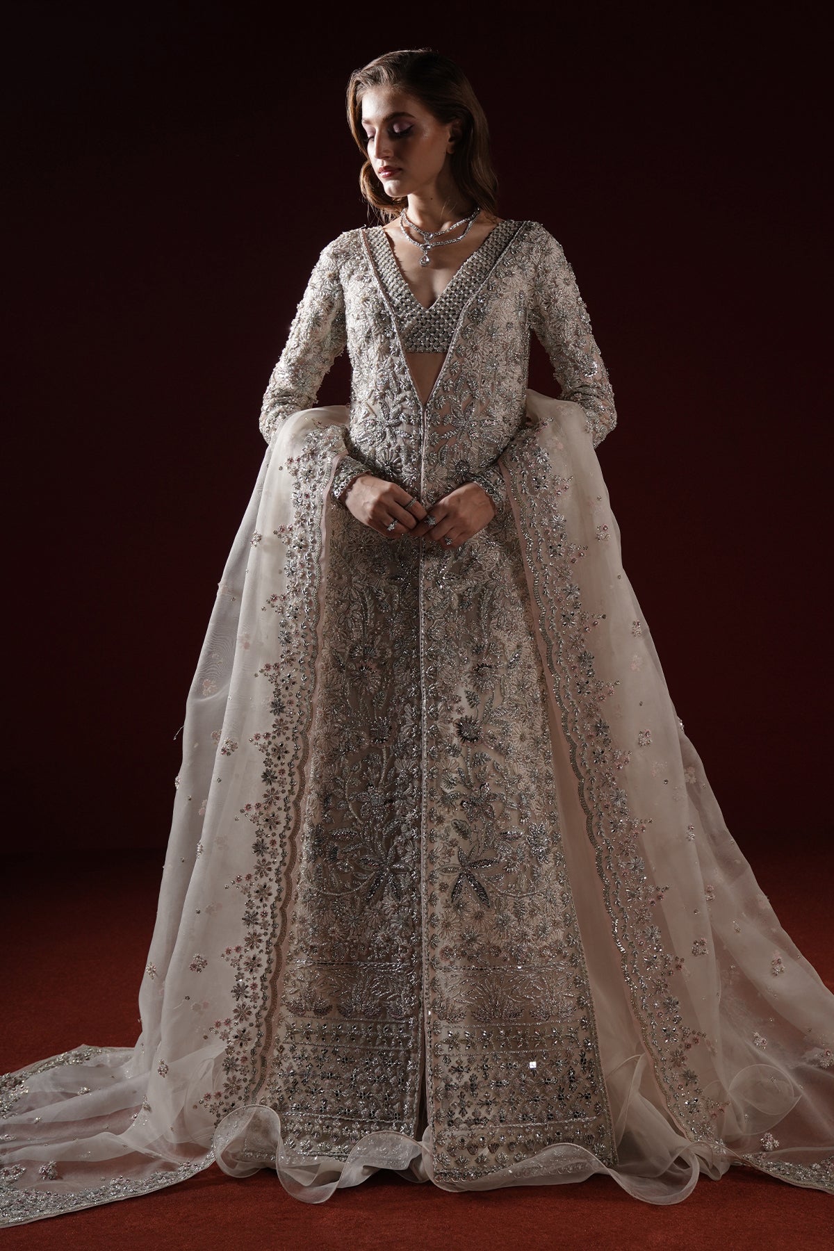 Pakistani Soft White Silver Threadwork Net Long Jacket (3-Piece) - Image 1