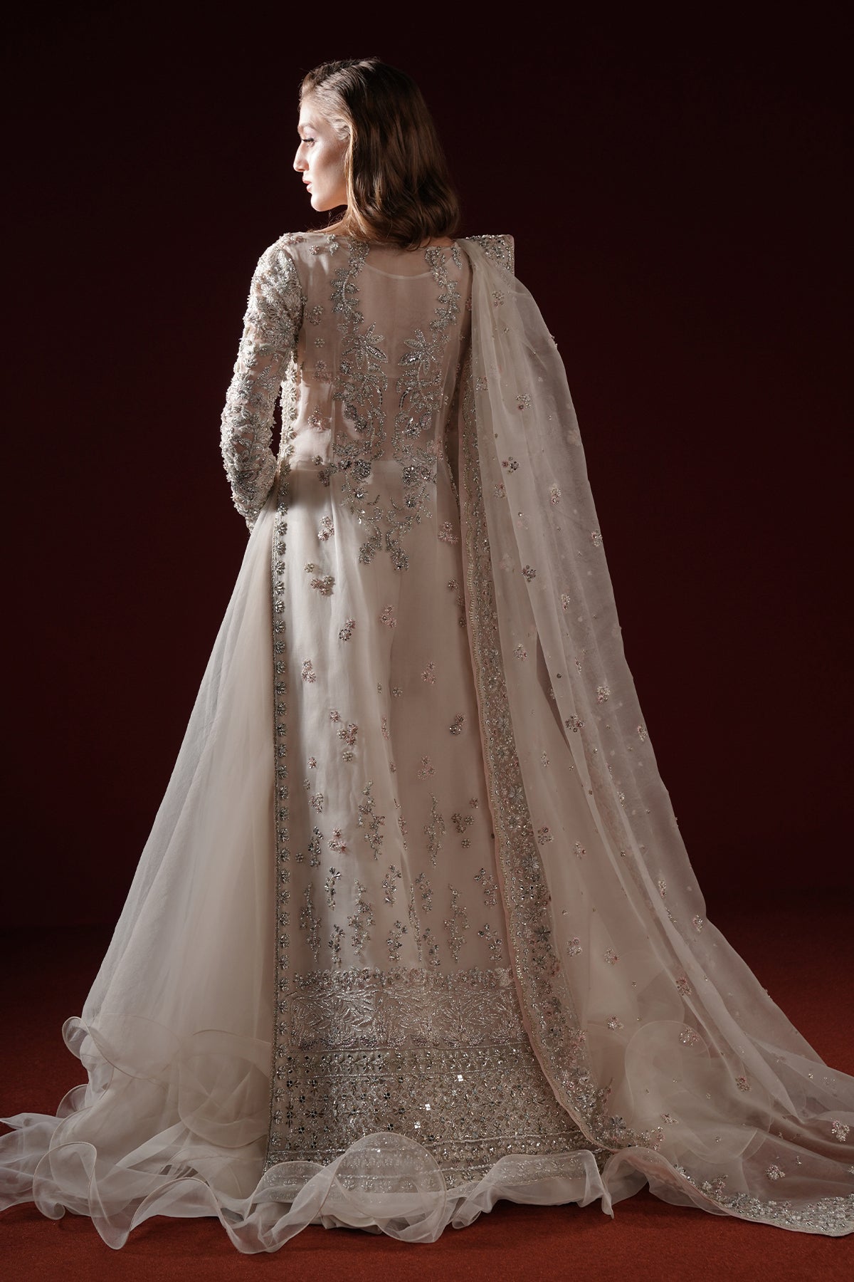 Pakistani Soft White Silver Threadwork Net Long Jacket (3-Piece) - Image 2