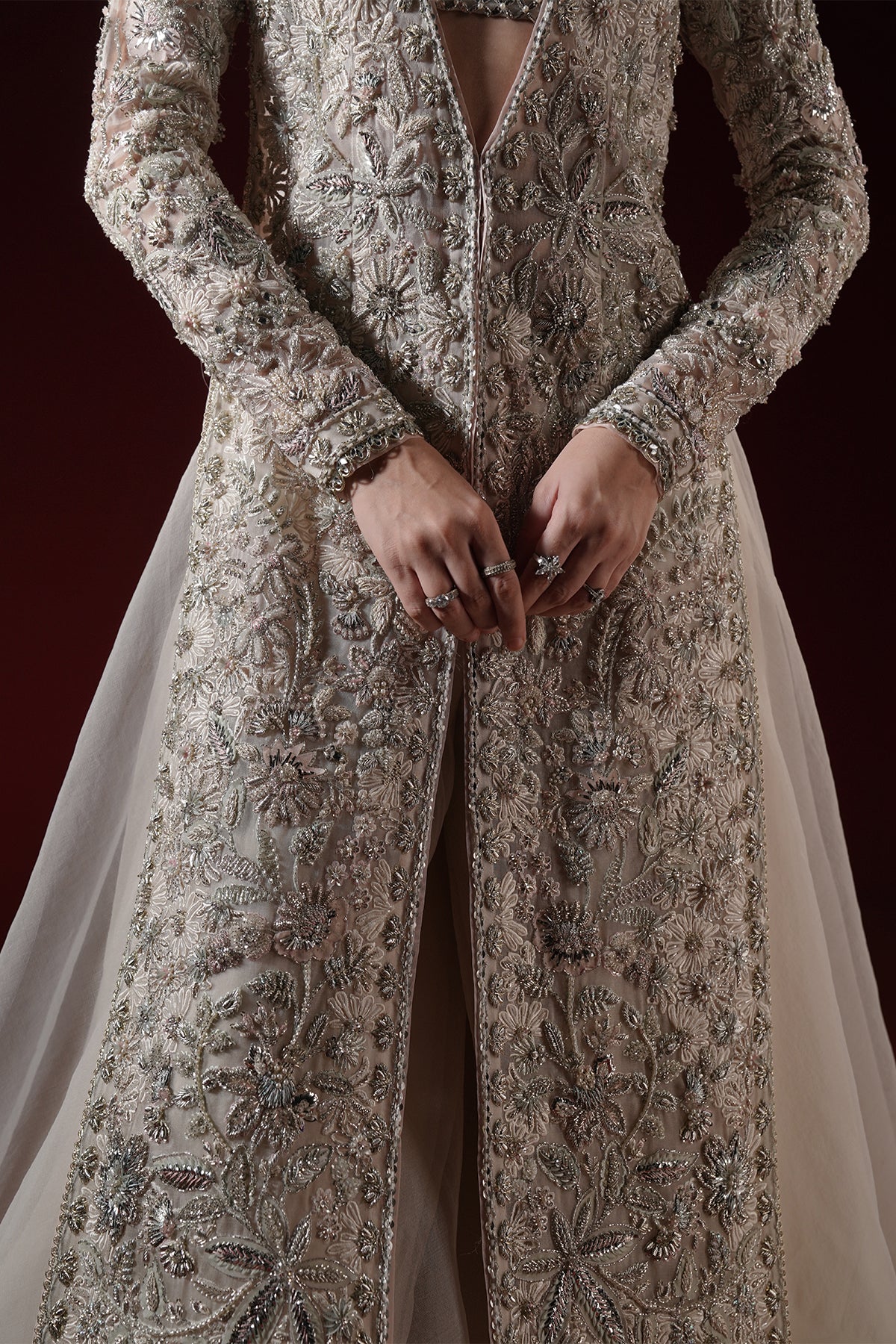 Pakistani Soft White Silver Threadwork Net Long Jacket (3-Piece) - Image 4