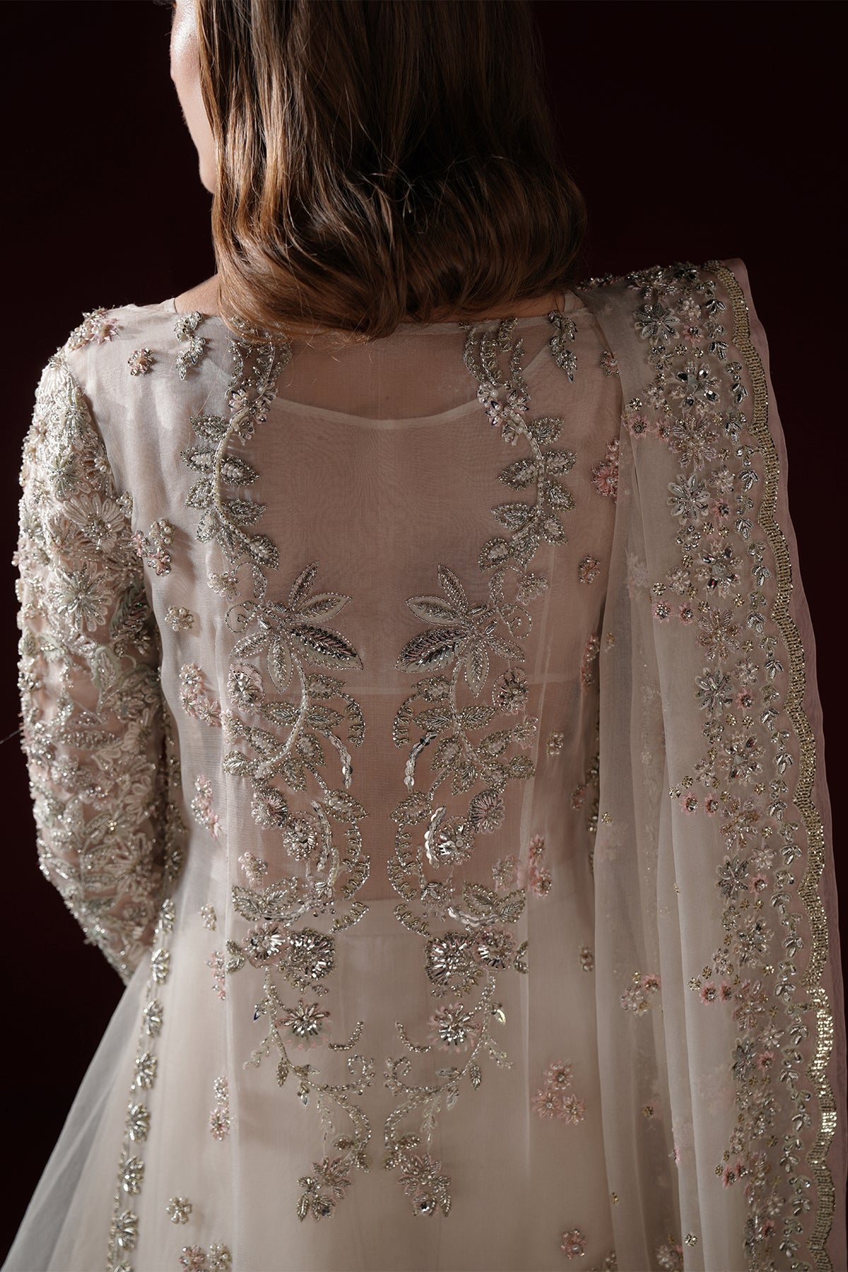 Pakistani Soft White Silver Threadwork Net Long Jacket (3-Piece) - Image 5